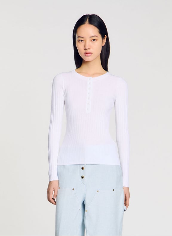 Pull moulant col rond en coton mélangé Blanc by SANDRO SANDRO Pull moulant col rond en coton mélangé Blanc