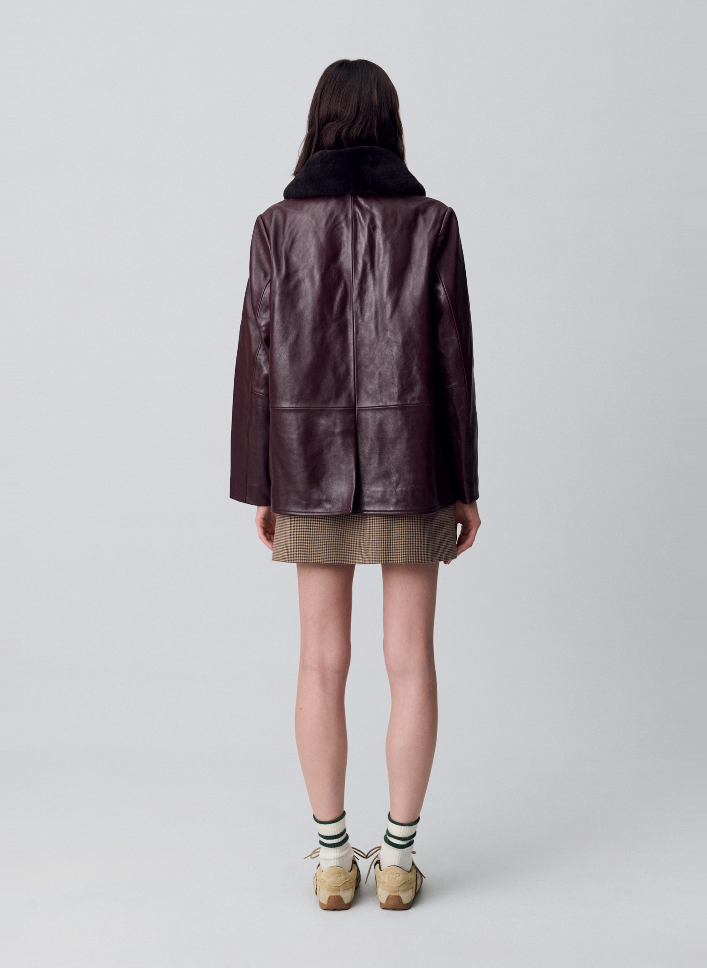 Veste large unie à col fourrure en cuir cyndra CLAUDIE PIERLOT Rouge