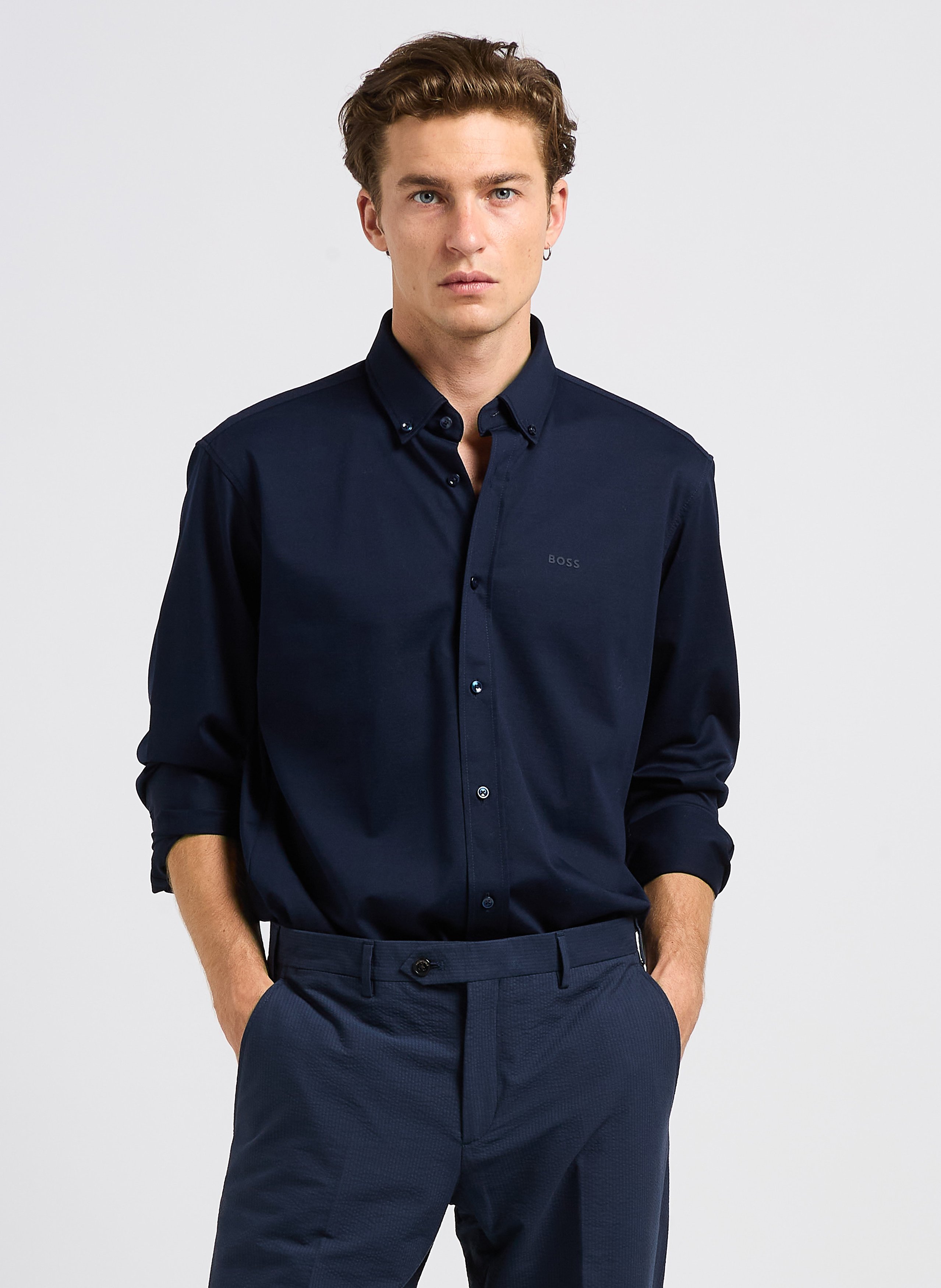 Chemise regular-fit à col classique en coton mélangé BOSS Bleu