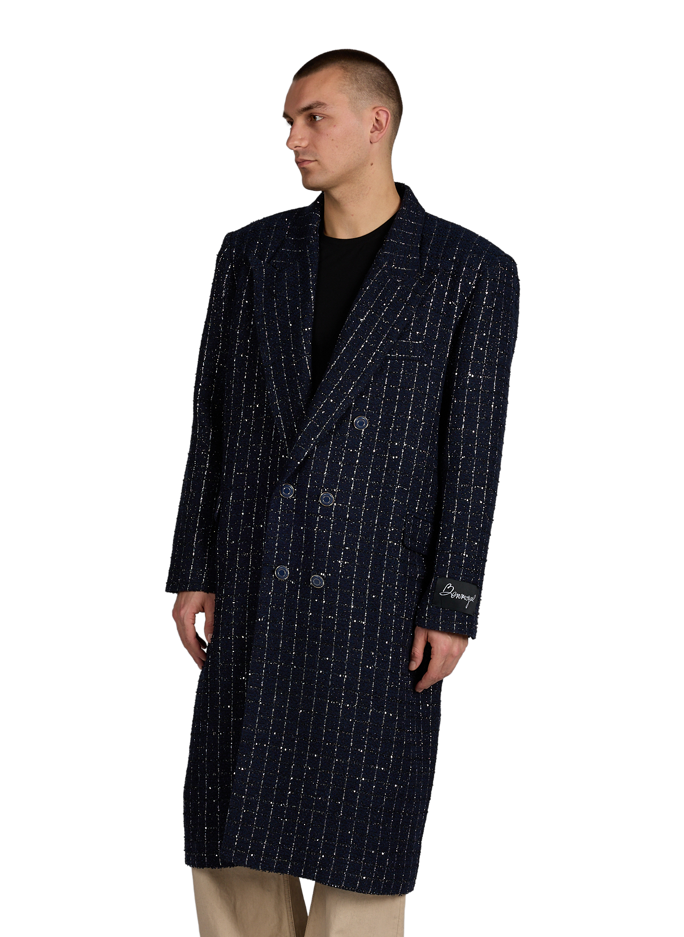 Long checkered coat in blended cotton BENJAMIN BENMOYAL Blue