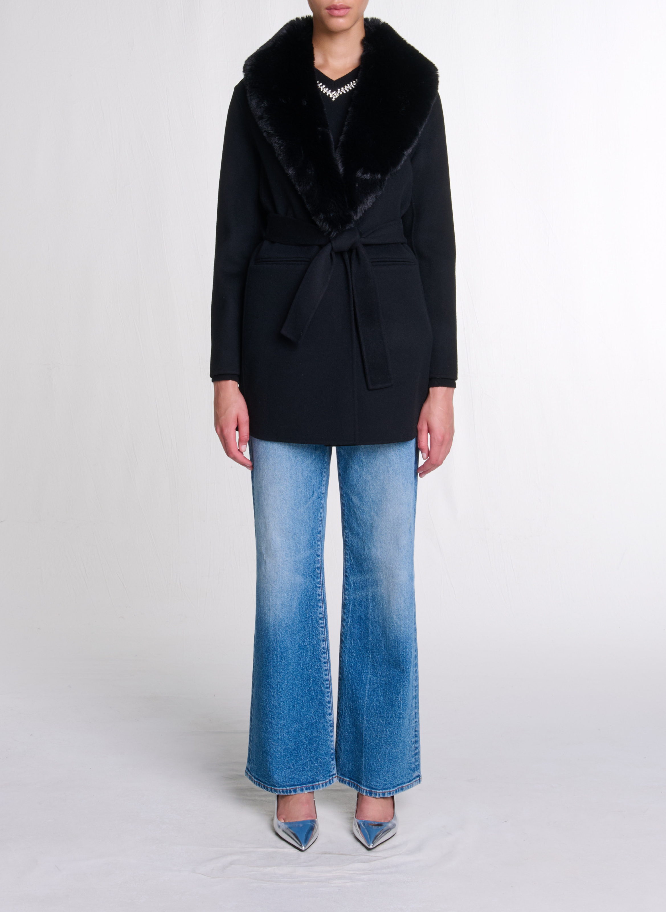 Manteau col effet fourrure en laine mélangée MAJE Noir