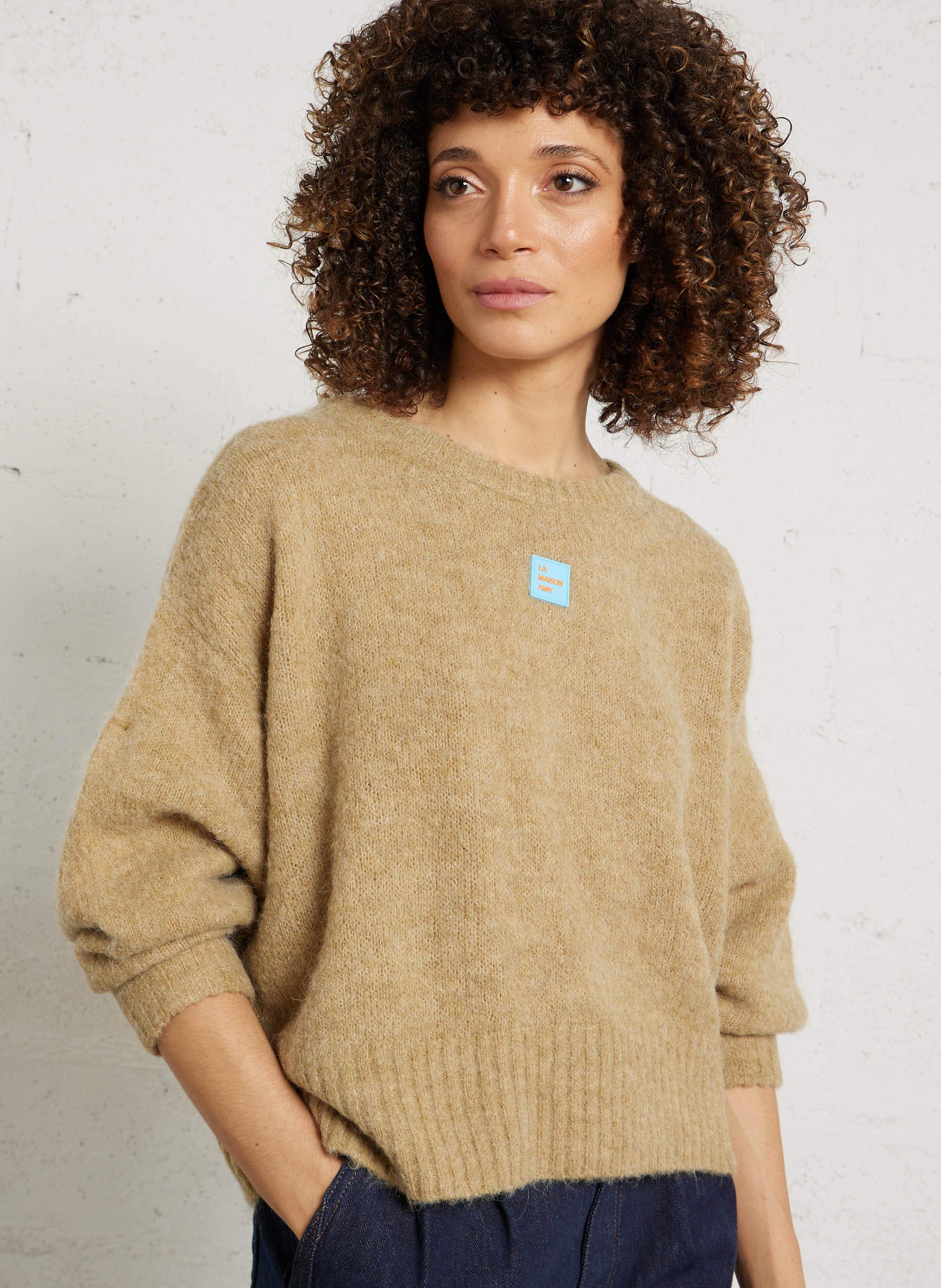 Pull oversize col rond en maille east AMERICAN VINTAGE Beige