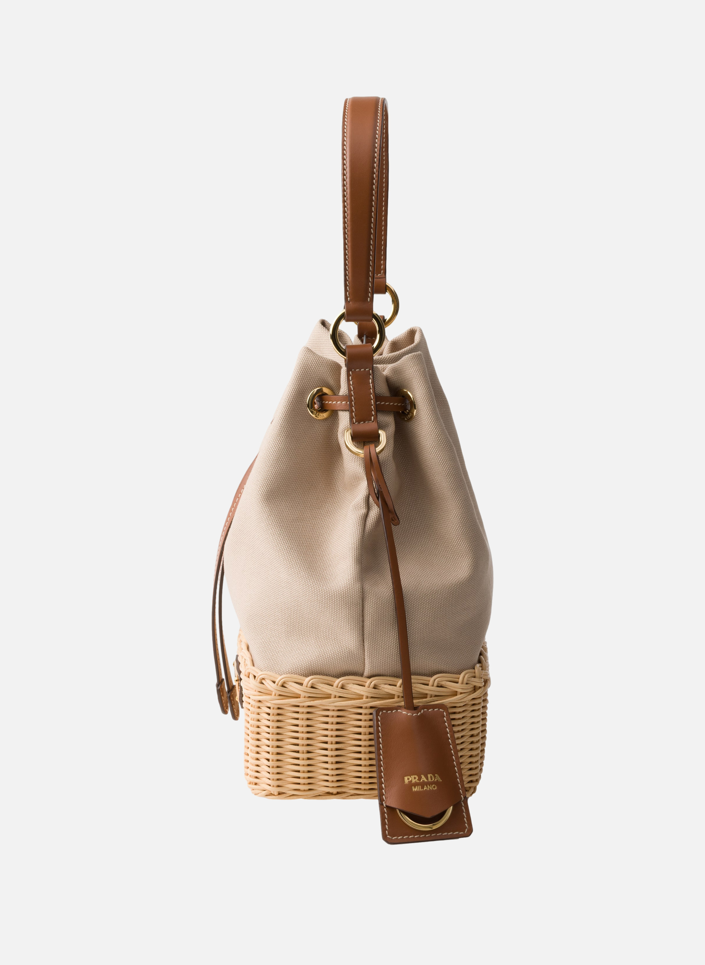 Sac seau en toile et osier PRADA Beige