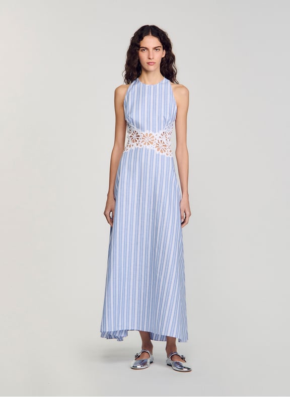Robe longue en coton mélangé rayé Bleu by SANDRO SANDRO Robe longue en coton mélangé rayé Bleu