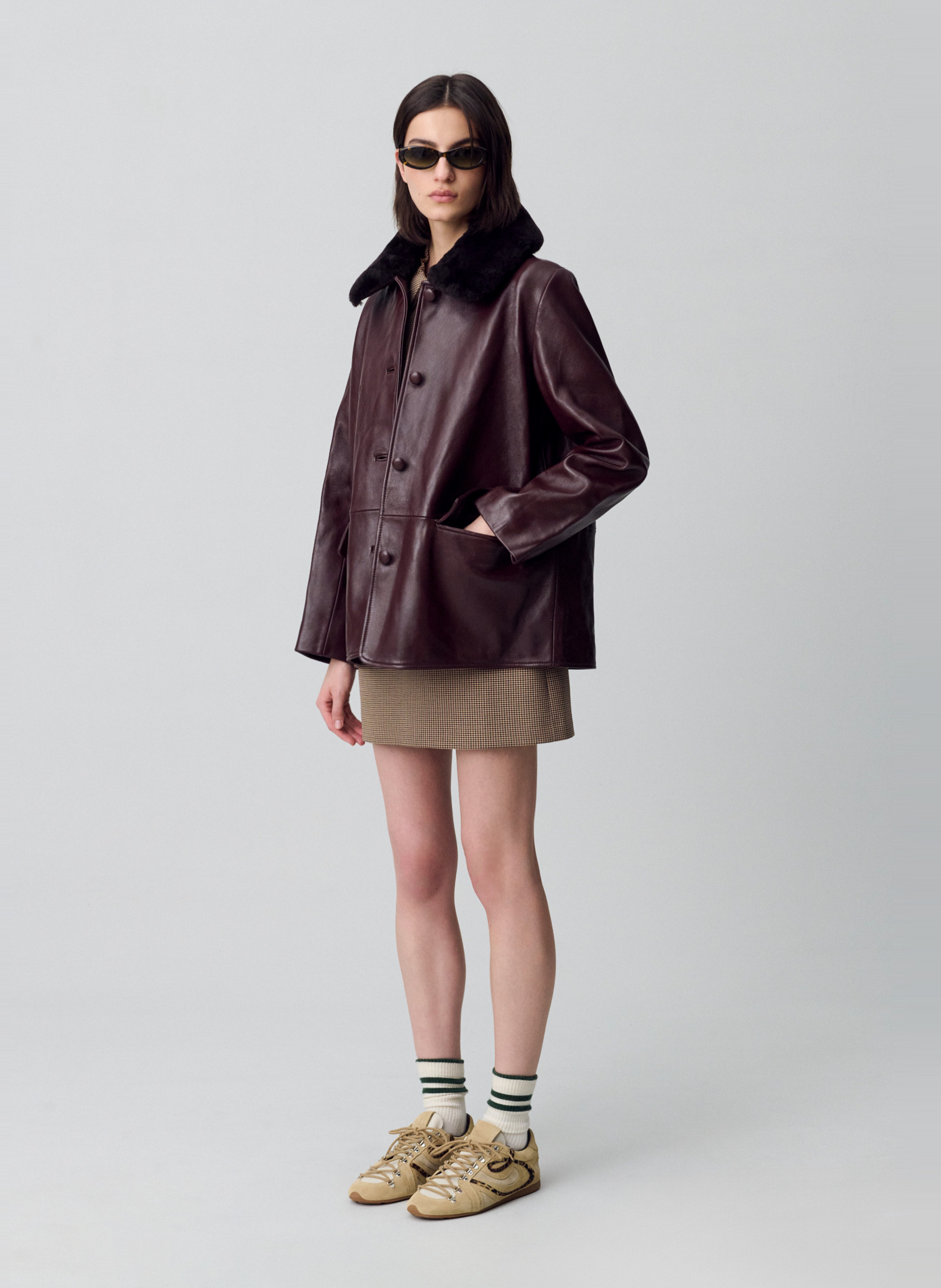 Veste large unie à col fourrure en cuir cyndra CLAUDIE PIERLOT Rouge