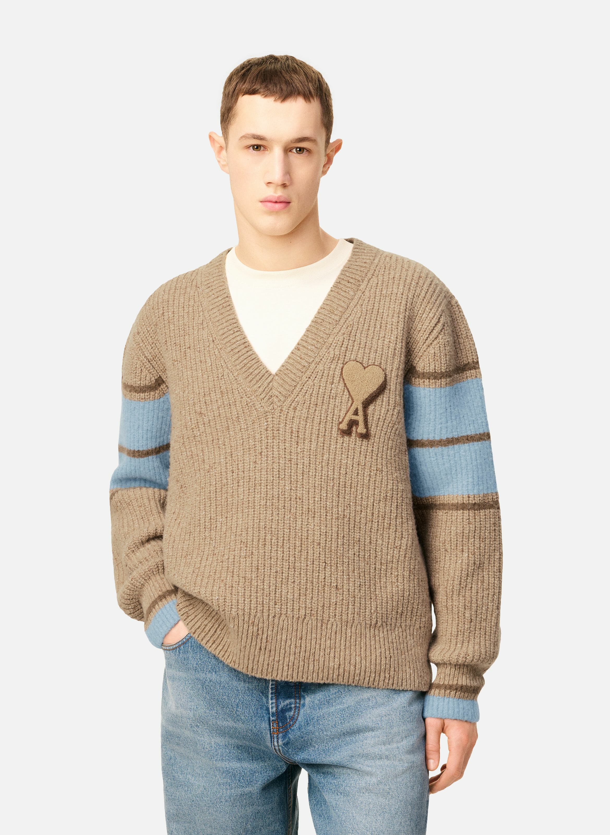 Pull college en laine côtelée unisexe AMI PARIS Marron