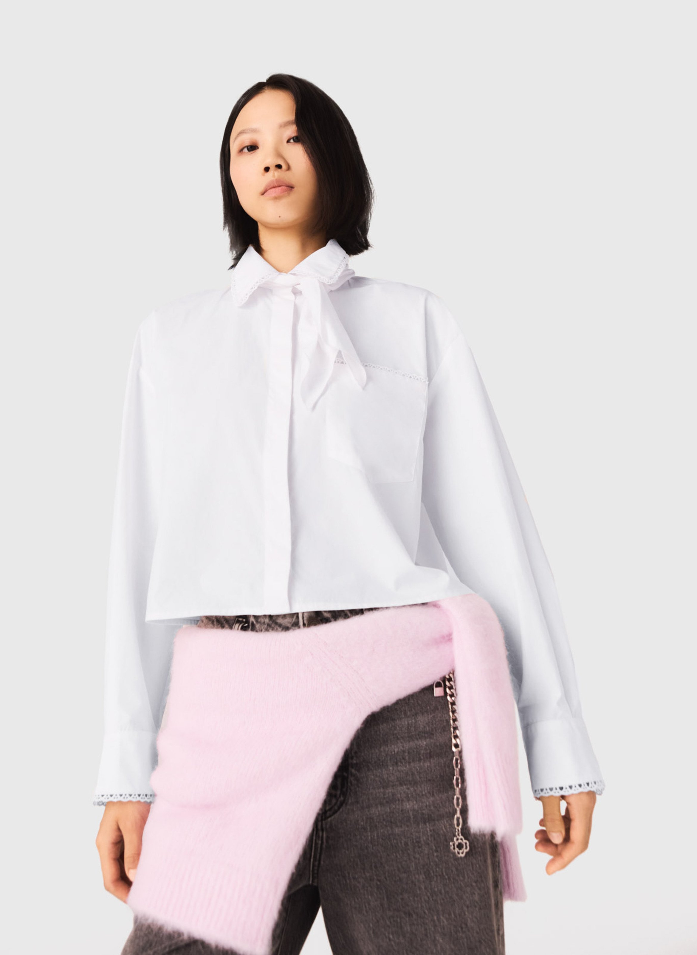 Chemise oversize col lavallière en coton MAJE Blanc