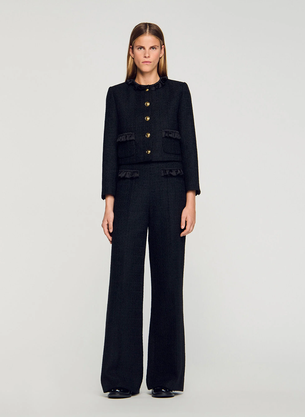 Pantalon tailleur taille haute en tweed SANDRO Noir