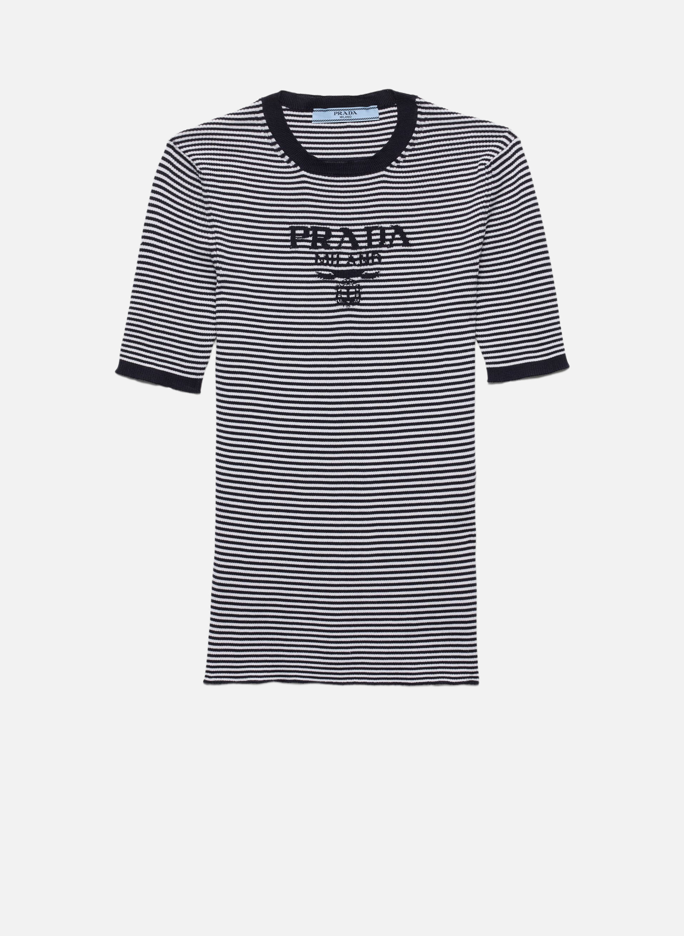 Pull à col rond en soie rayée PRADA Bleu