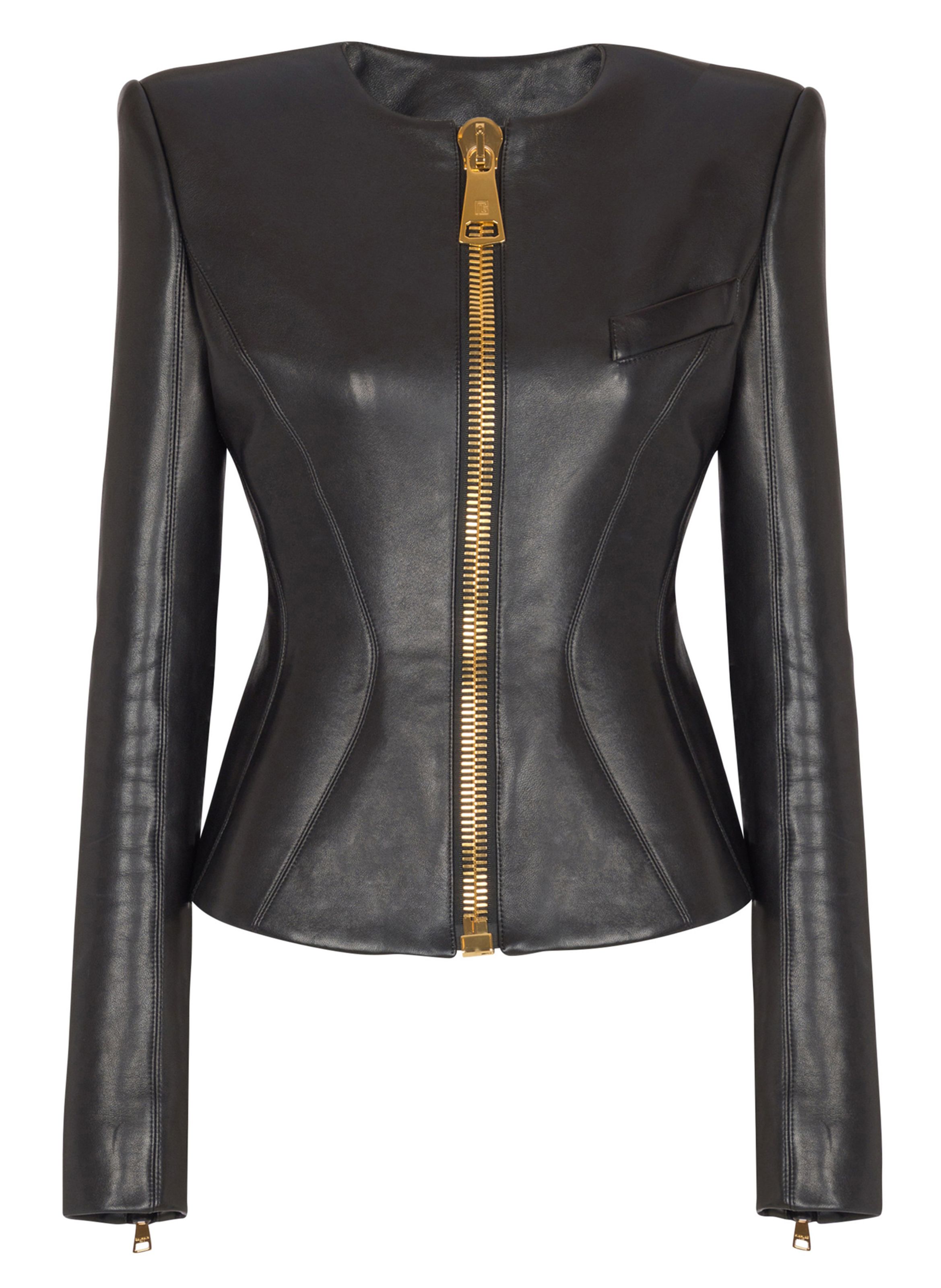 Veste courte à basque en cuir d'agneau BALMAIN Noir