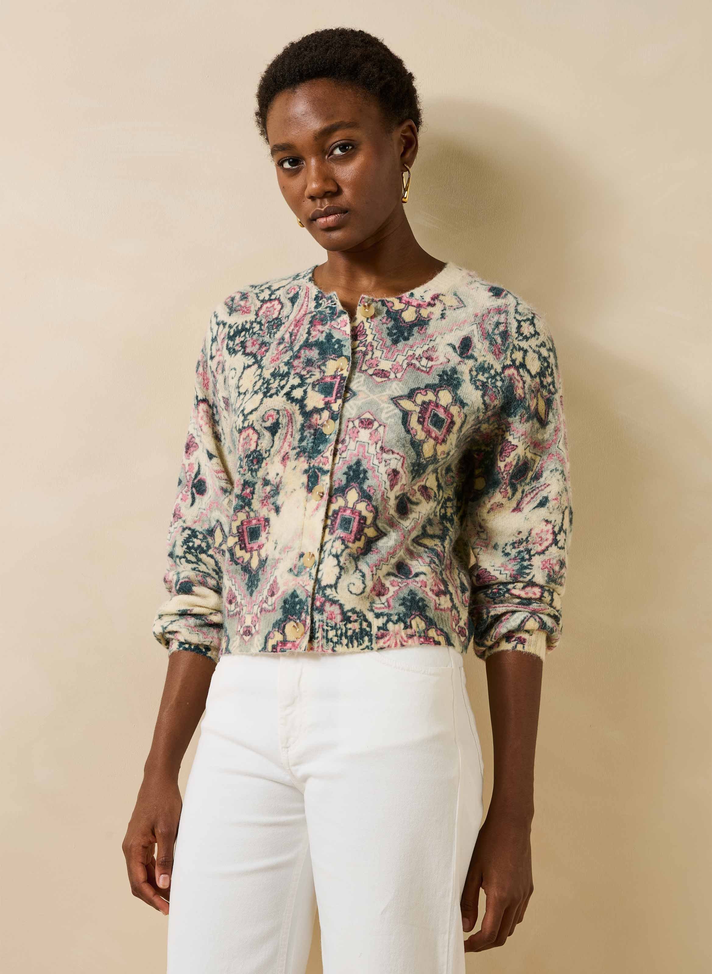Ruimvallend vest met print van een wolmix LA FEE MARABOUTEE Wit