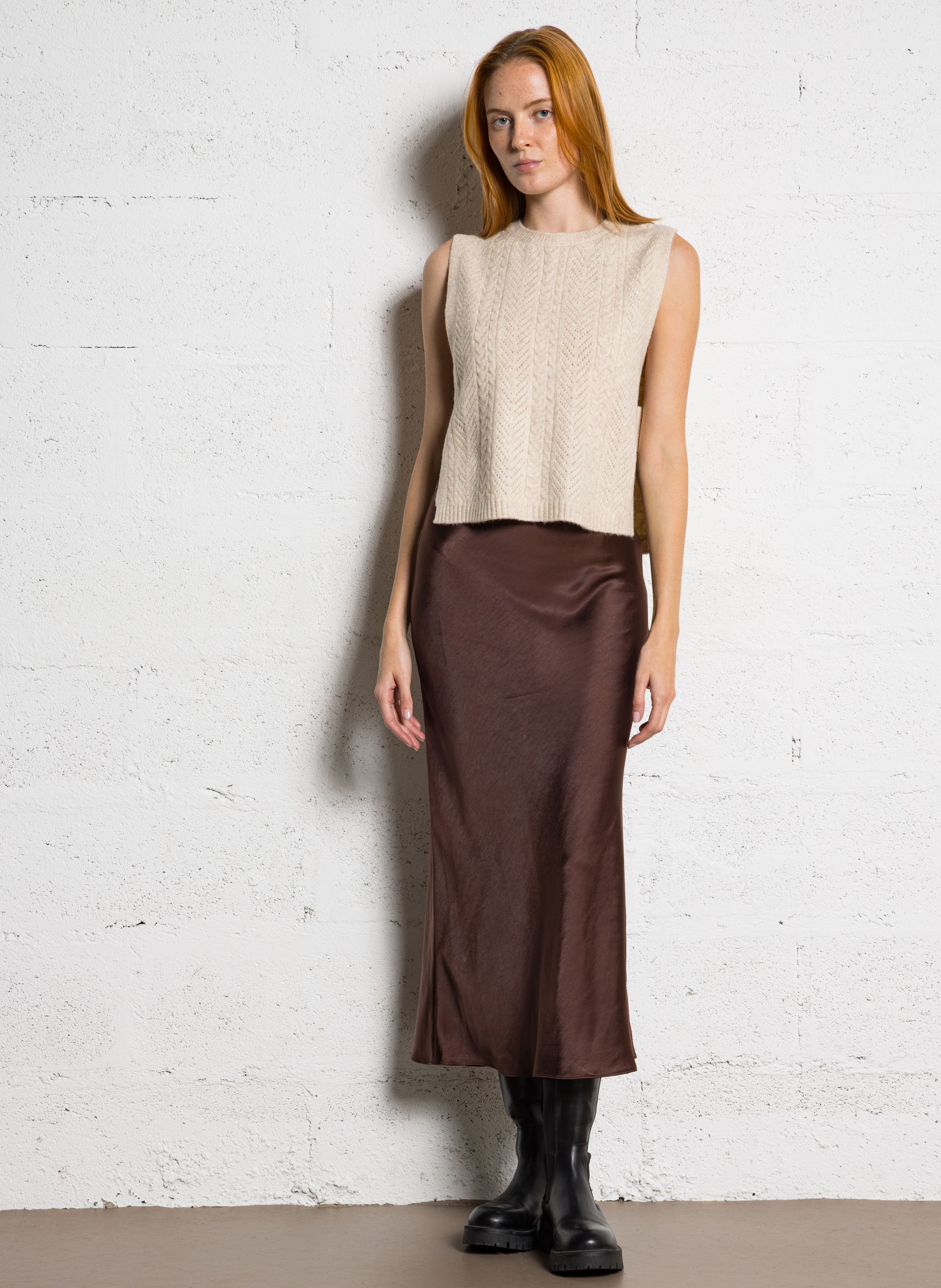 Jupe trapèze satinée IKKS Marron