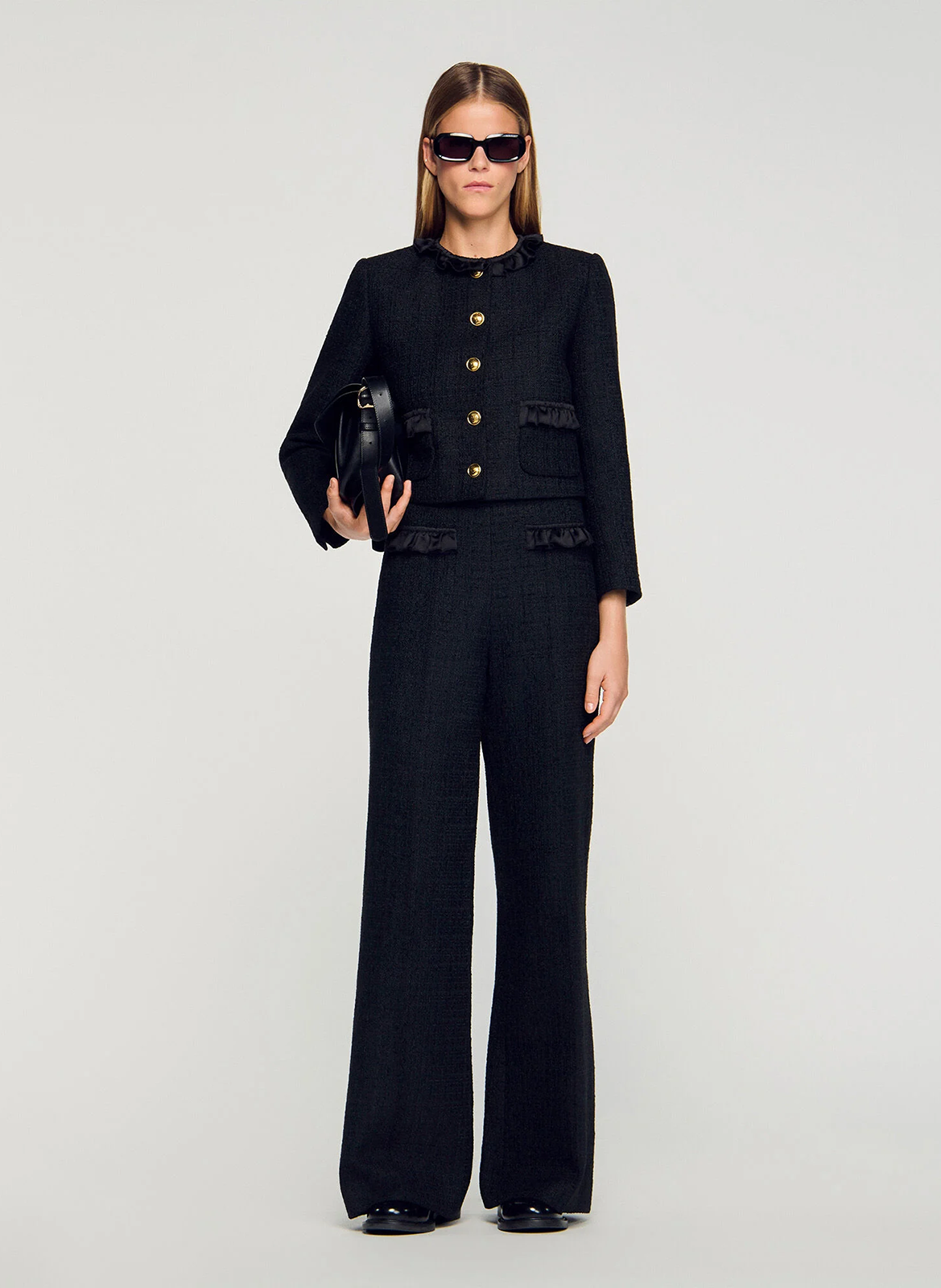 Pantalon tailleur taille haute en tweed SANDRO Noir