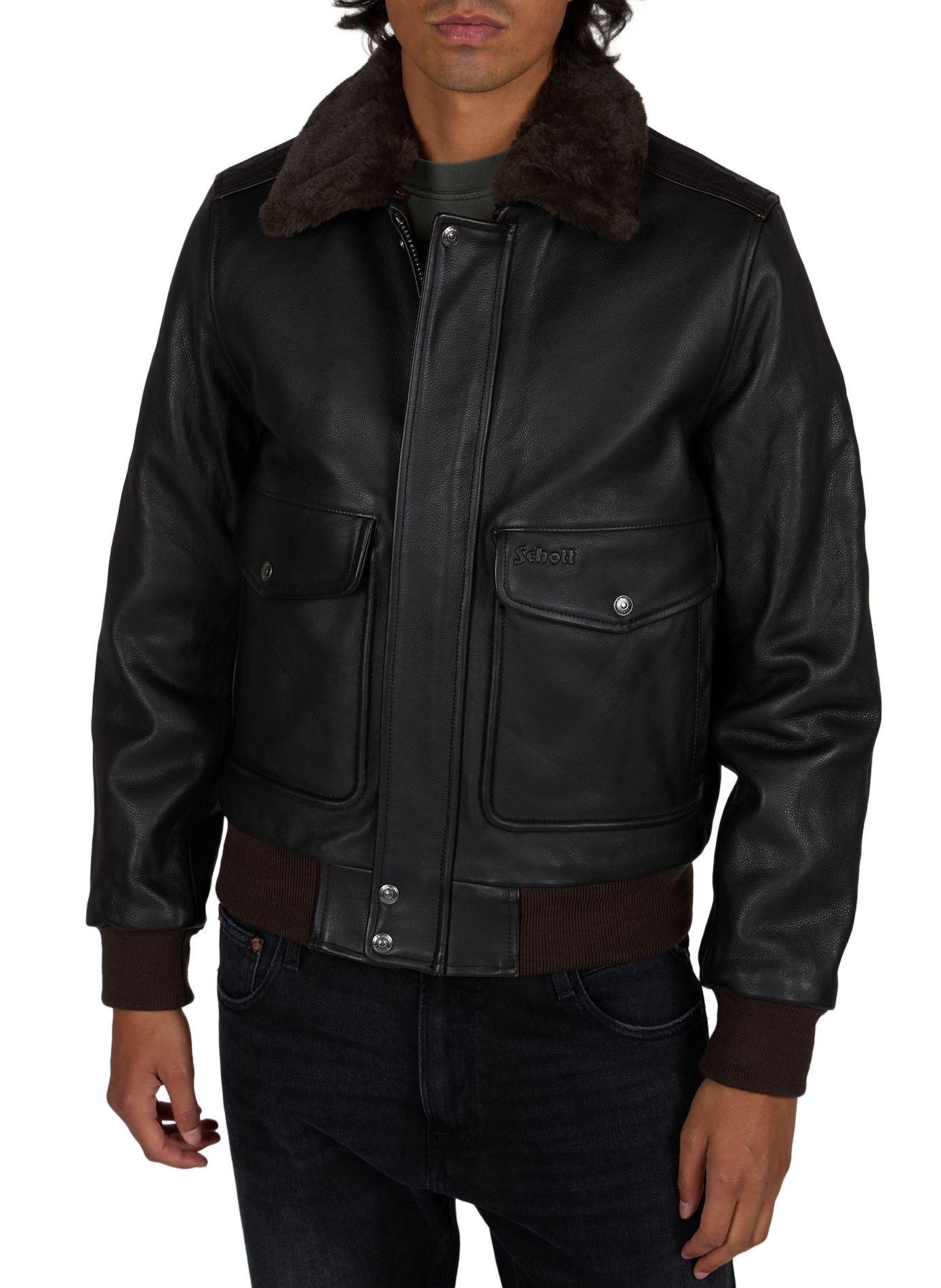 Blouson droit en cuir SCHOTT Marron
