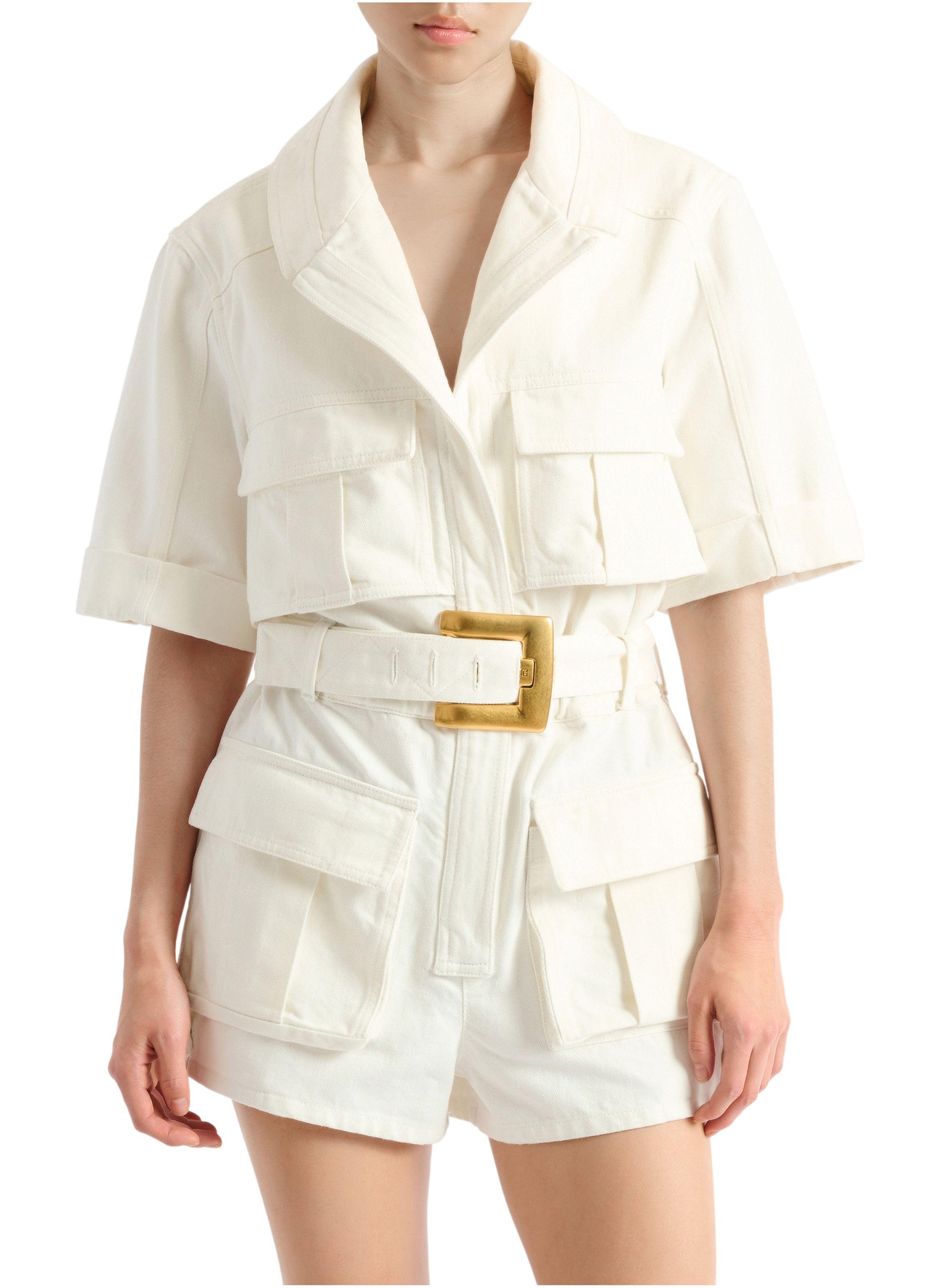 Combinaison ceinturée en denim BALMAIN Blanc