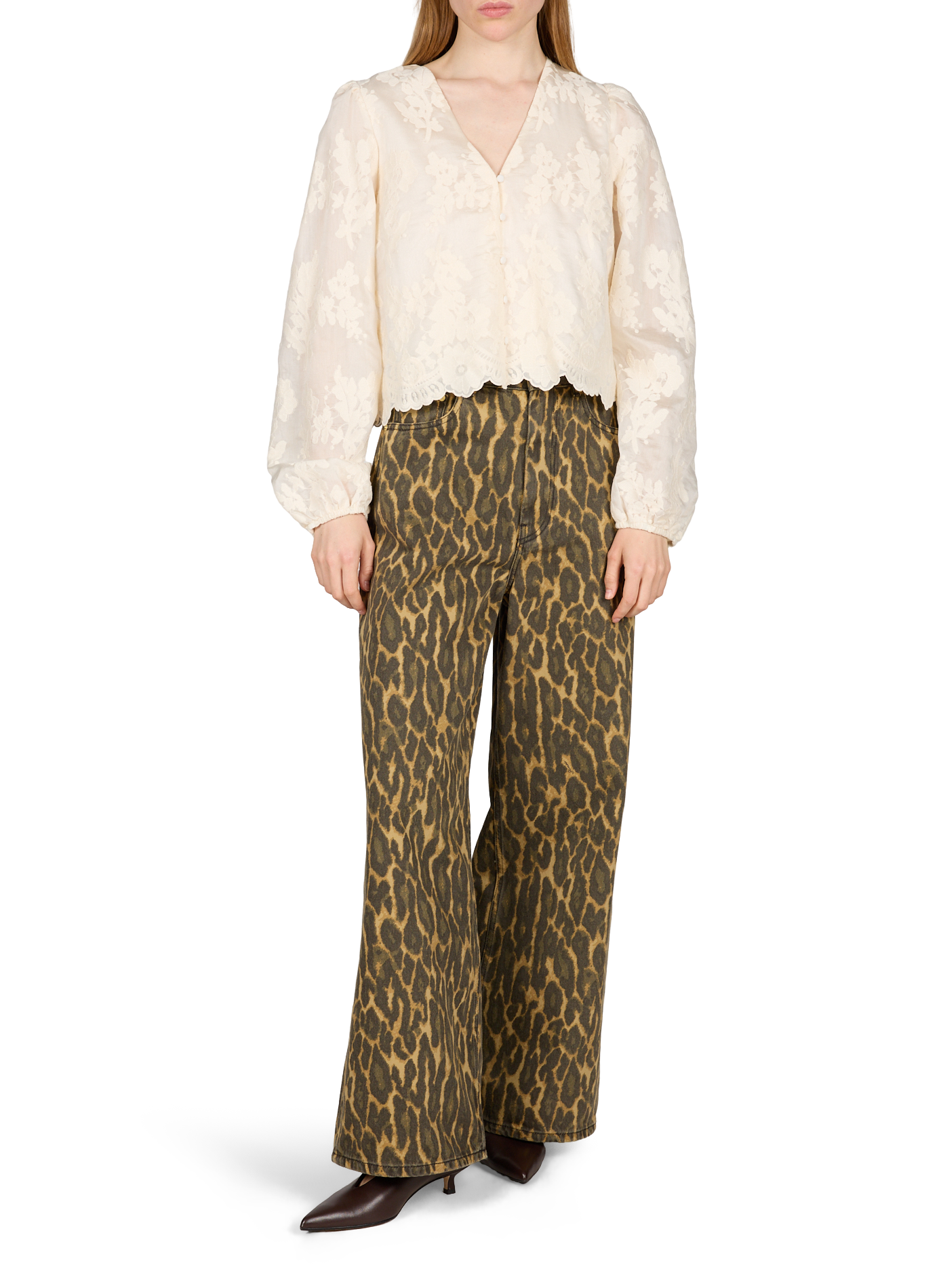 Blouse brodée à col V en coton OBJECT Blanc