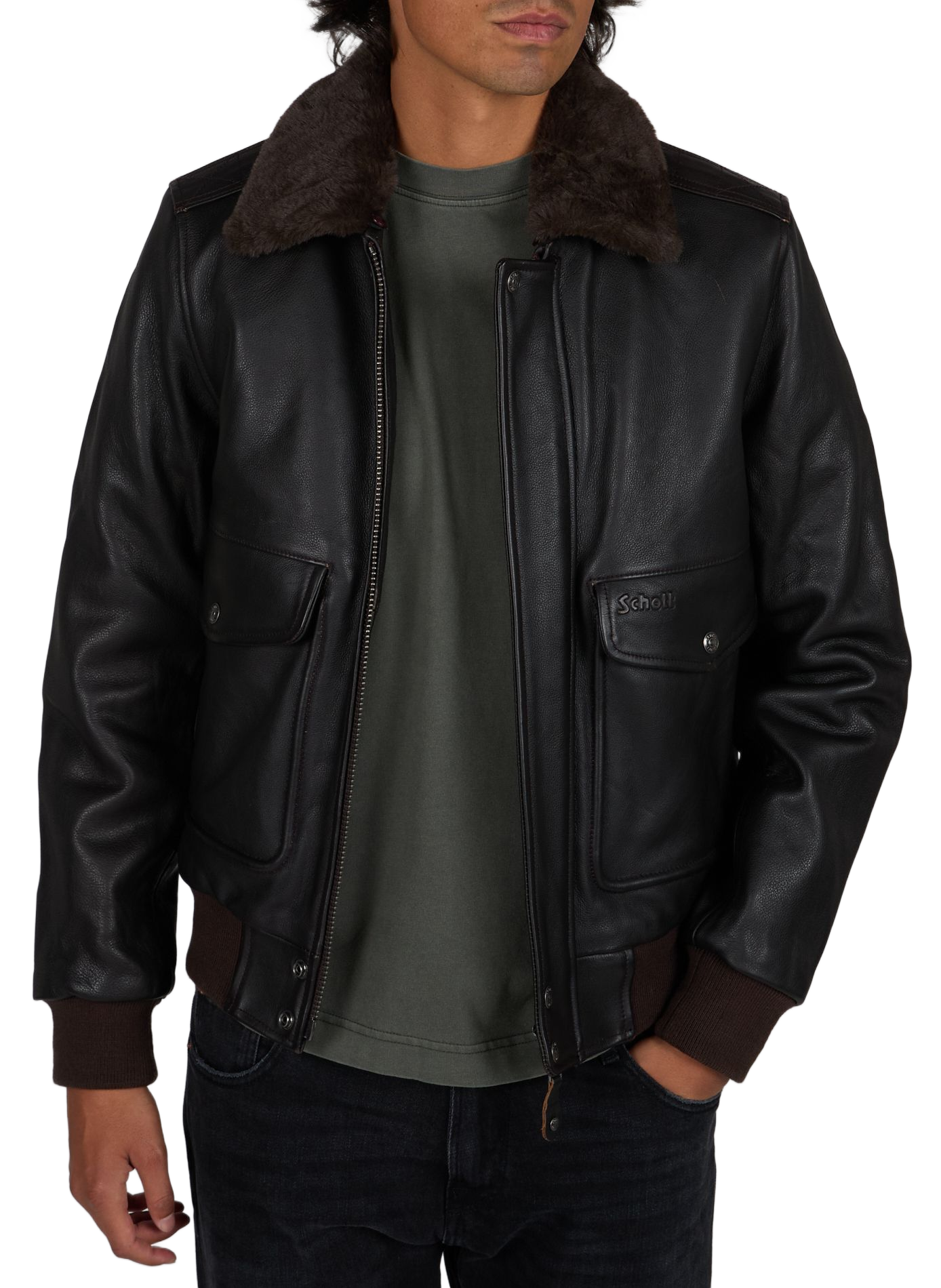 Blouson droit en cuir SCHOTT Marron