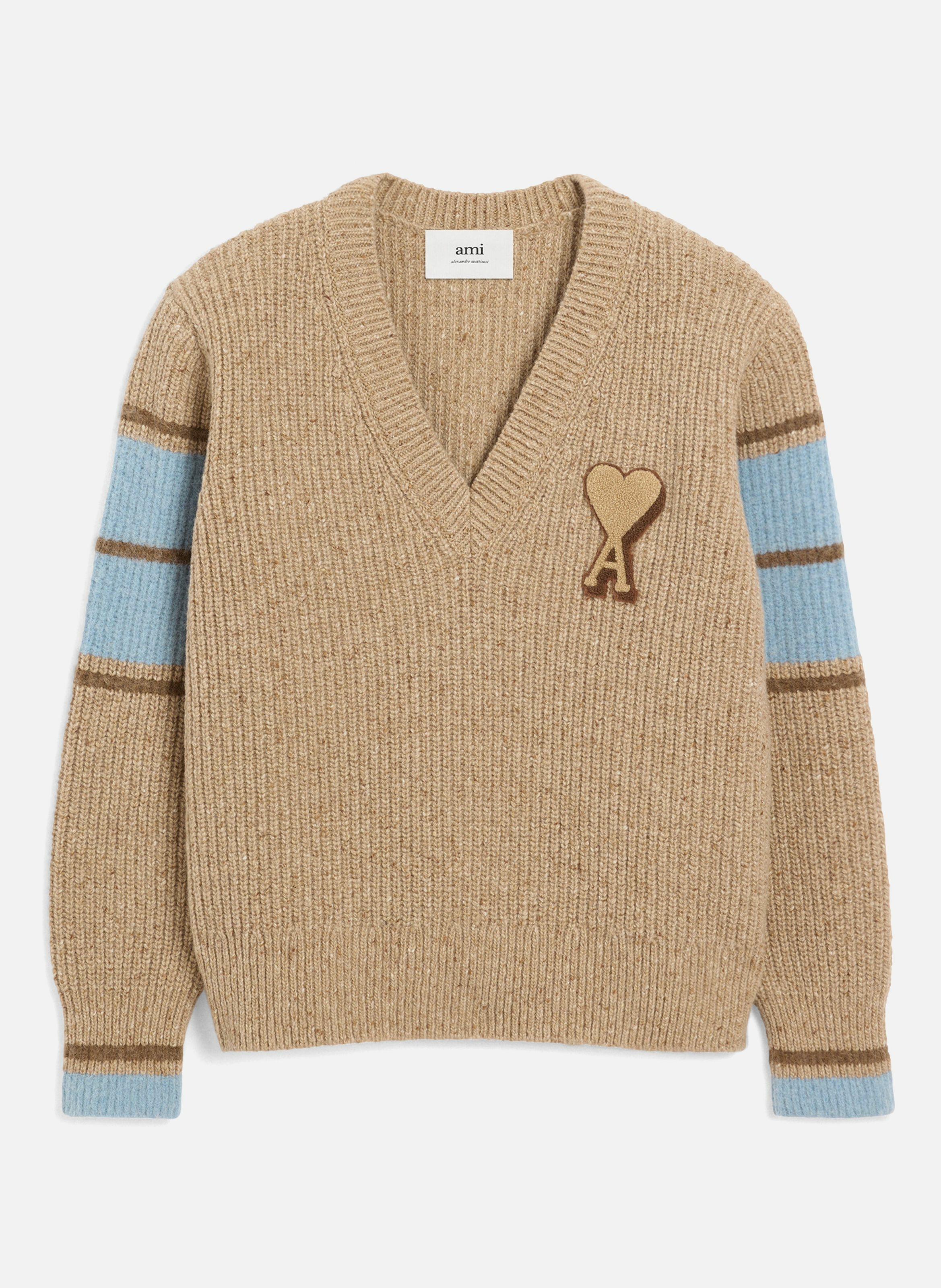 Pull college en laine côtelée unisexe AMI PARIS Marron