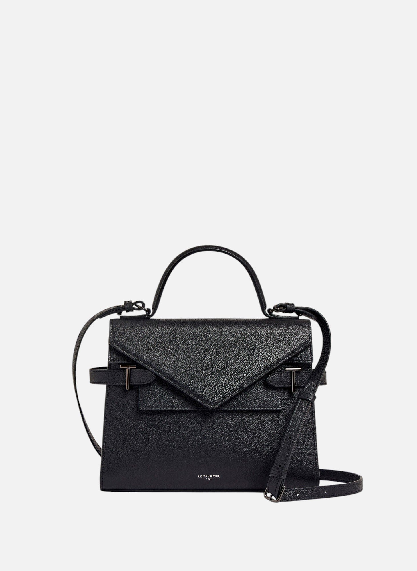 Sac à main double rabat moyen modèle Emilie en cuir grainé LE TANNEUR Noir