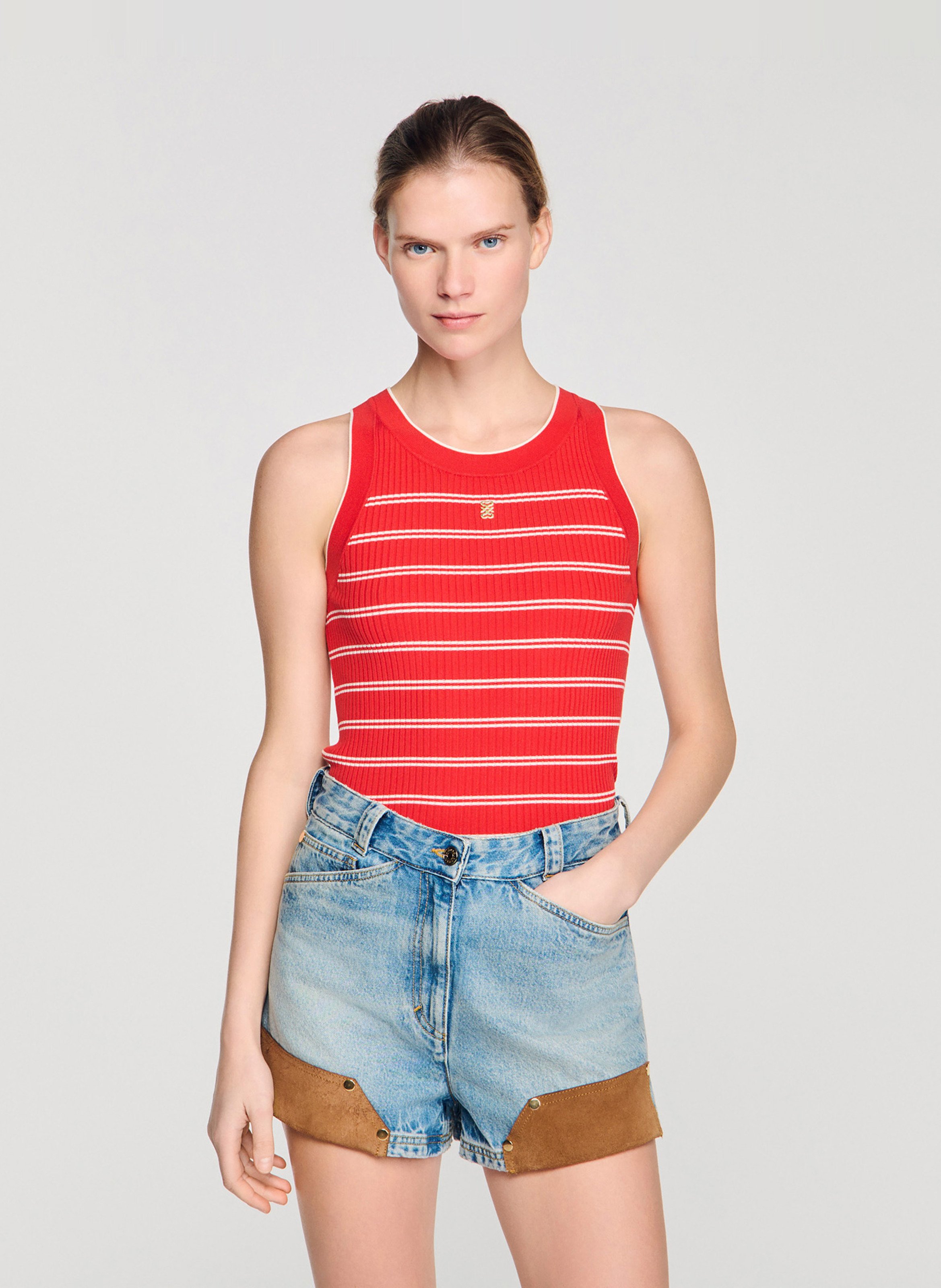 Pull col rond rayé SANDRO Rouge