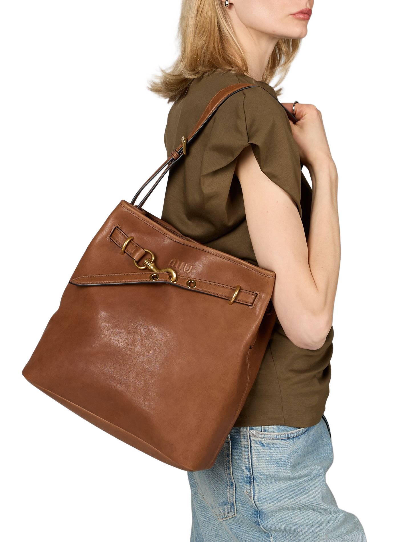 Grained leather bucket bag MIU MIU Brown