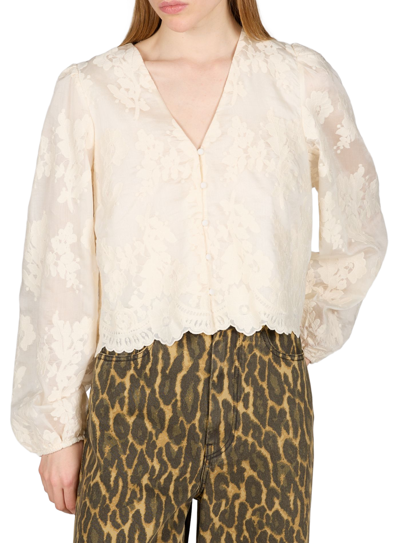 Blouse brodée à col V en coton OBJECT Blanc