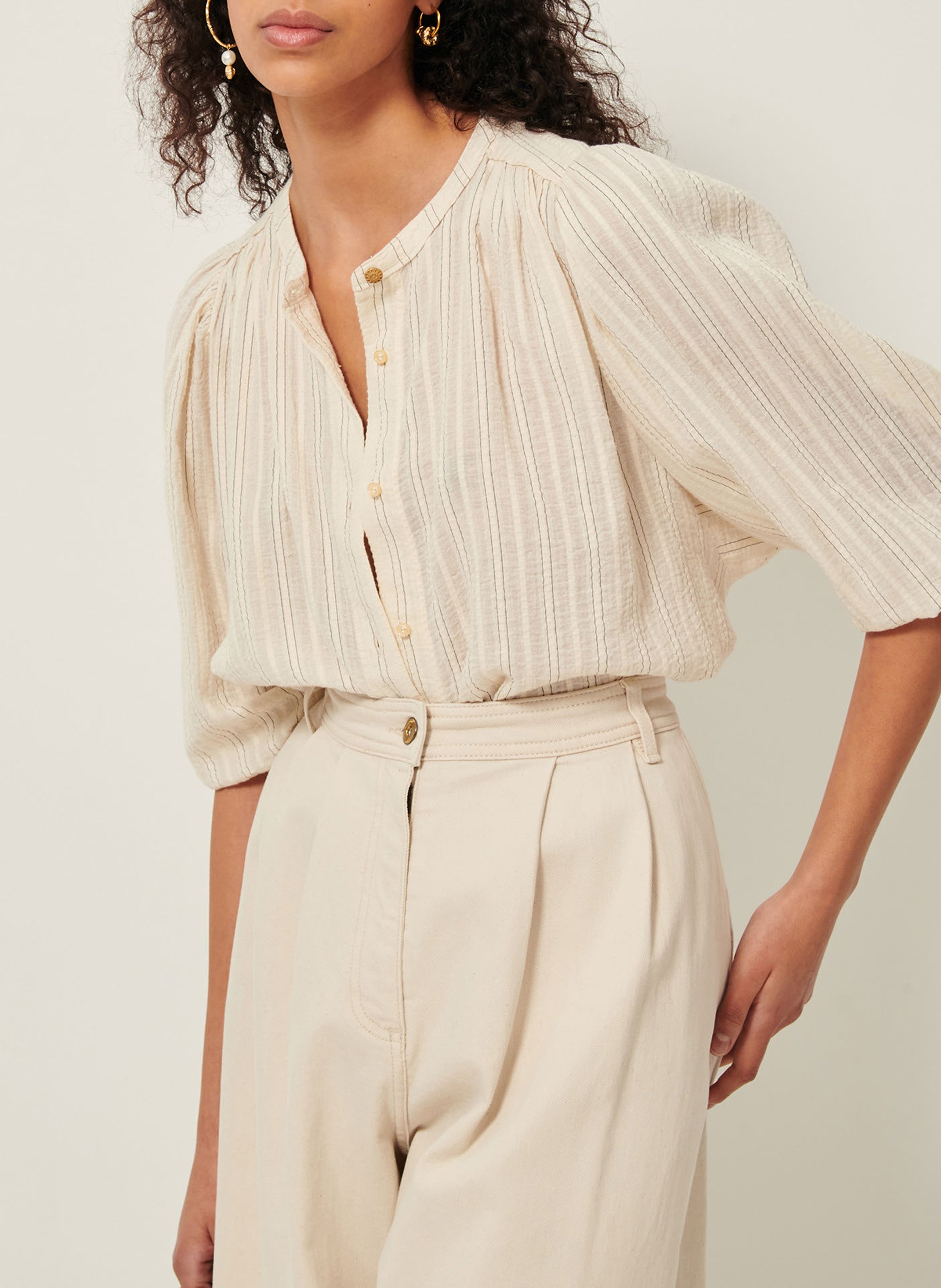 Chemise ample col mao en coton bio a view SESSUN Beige