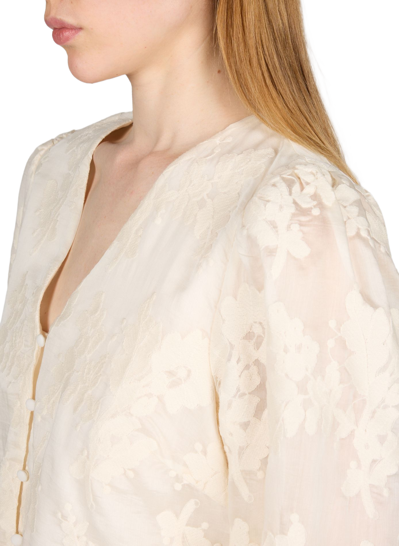 Blouse brodée à col V en coton OBJECT Blanc