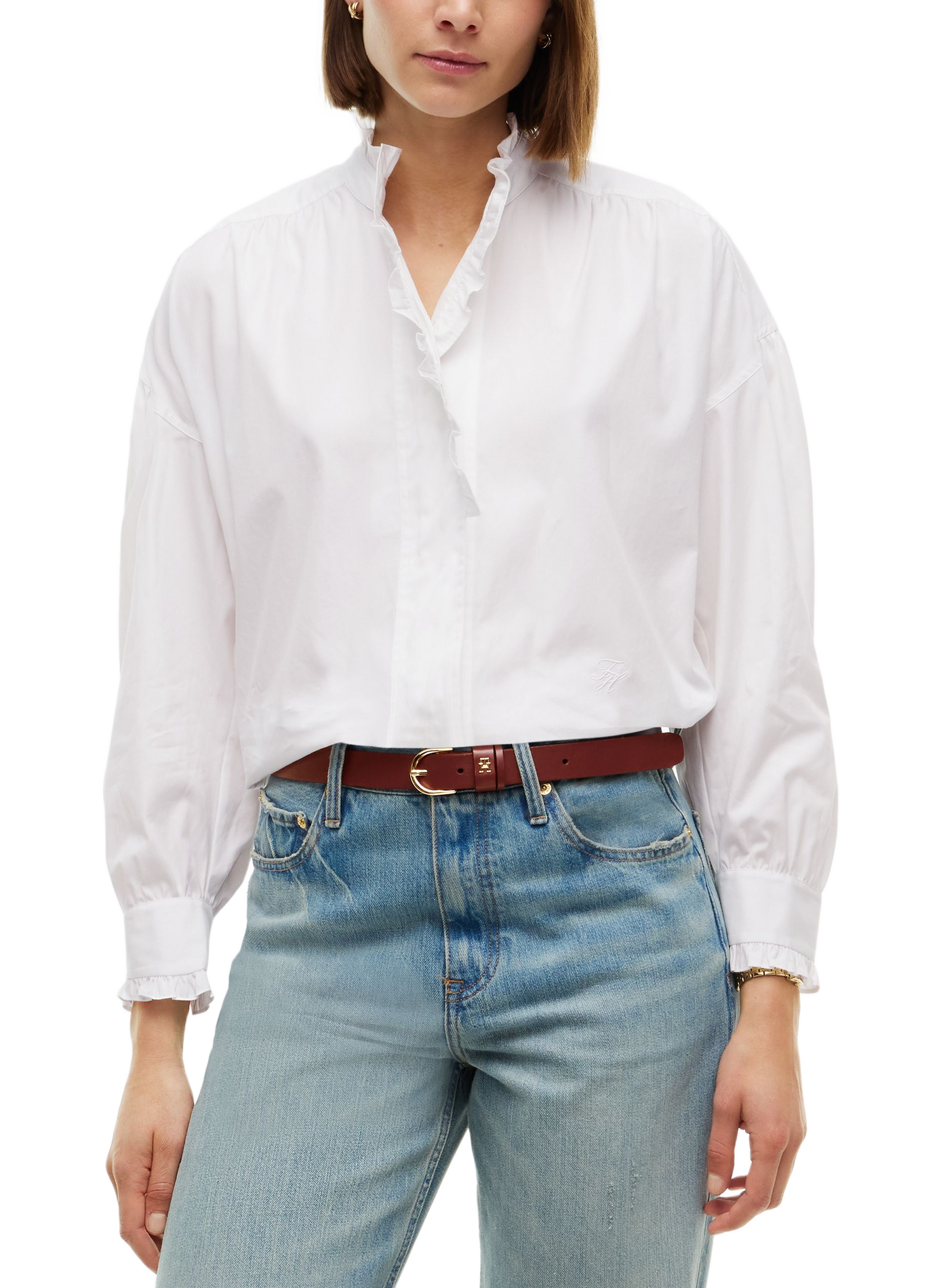 Blouse droite col v à volants en coton TOMMY HILFIGER Blanc