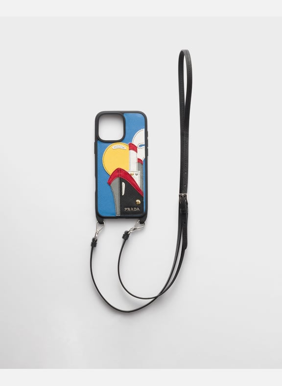 Coque pour iphone16 pro max en cuir saffiano Bleu by PRADA PRADA Coque pour iphone16 pro max en cuir saffiano Bleu