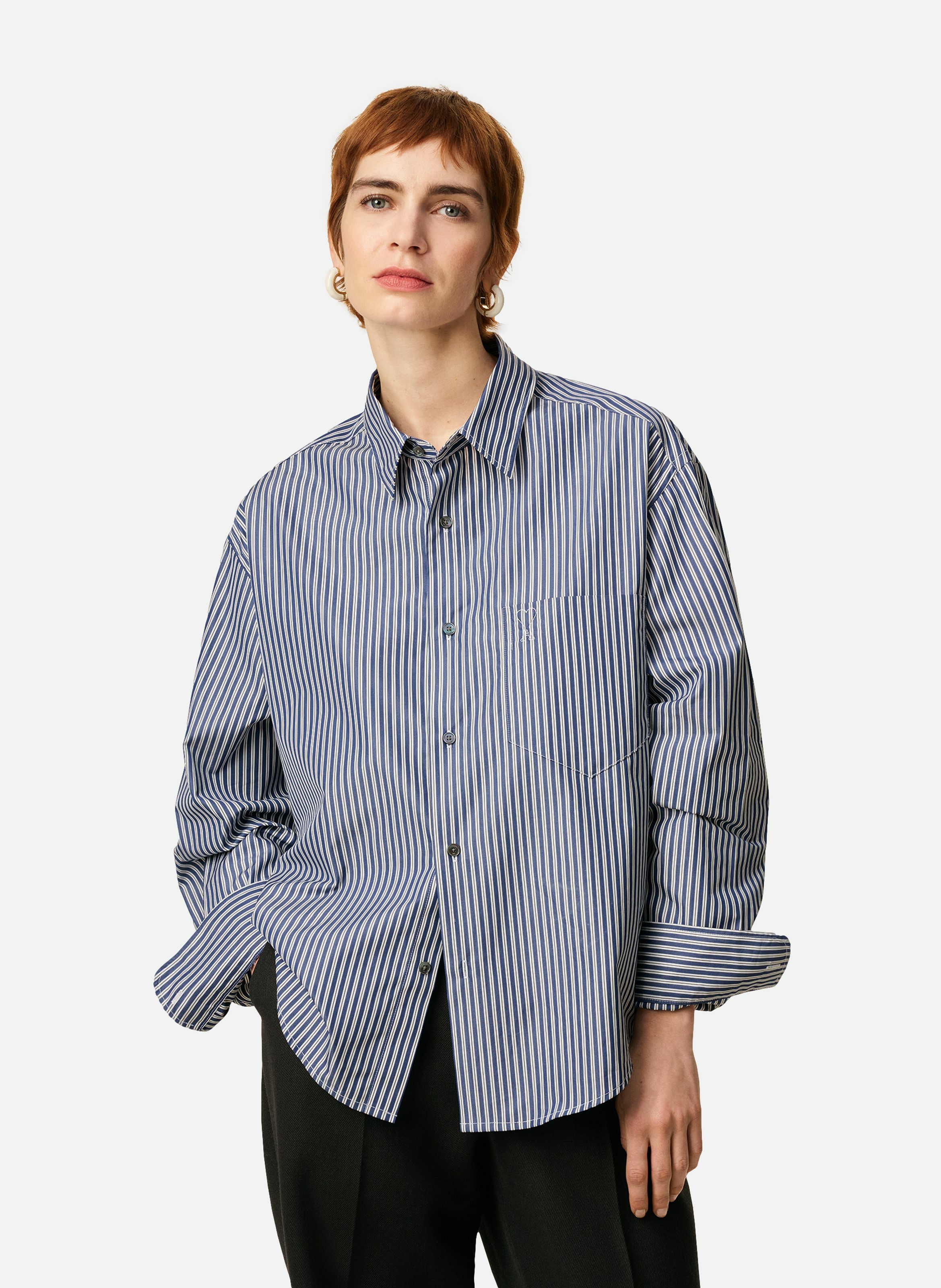 Chemise boxy rayée ami de coeur  en coton unisexe AMI PARIS Bleu