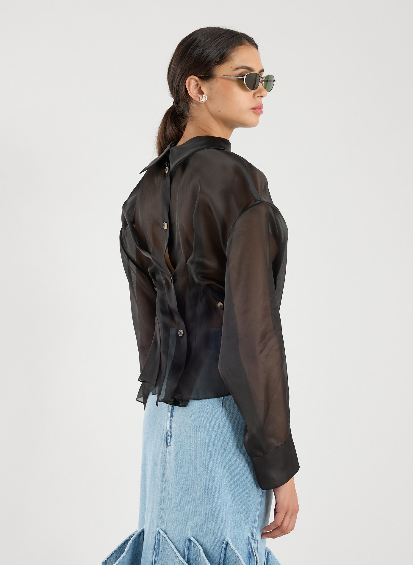 Top chemise plissée en organza de soie  A.W.A.K.E. MODE Noir