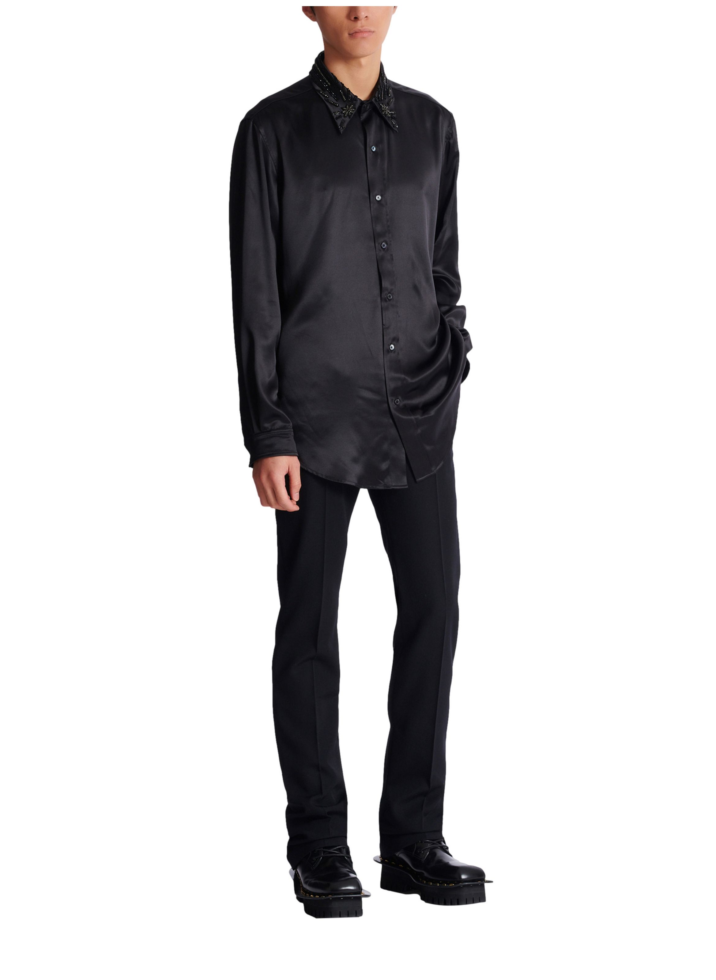 Chemise en soie à cristaux BALMAIN Noir