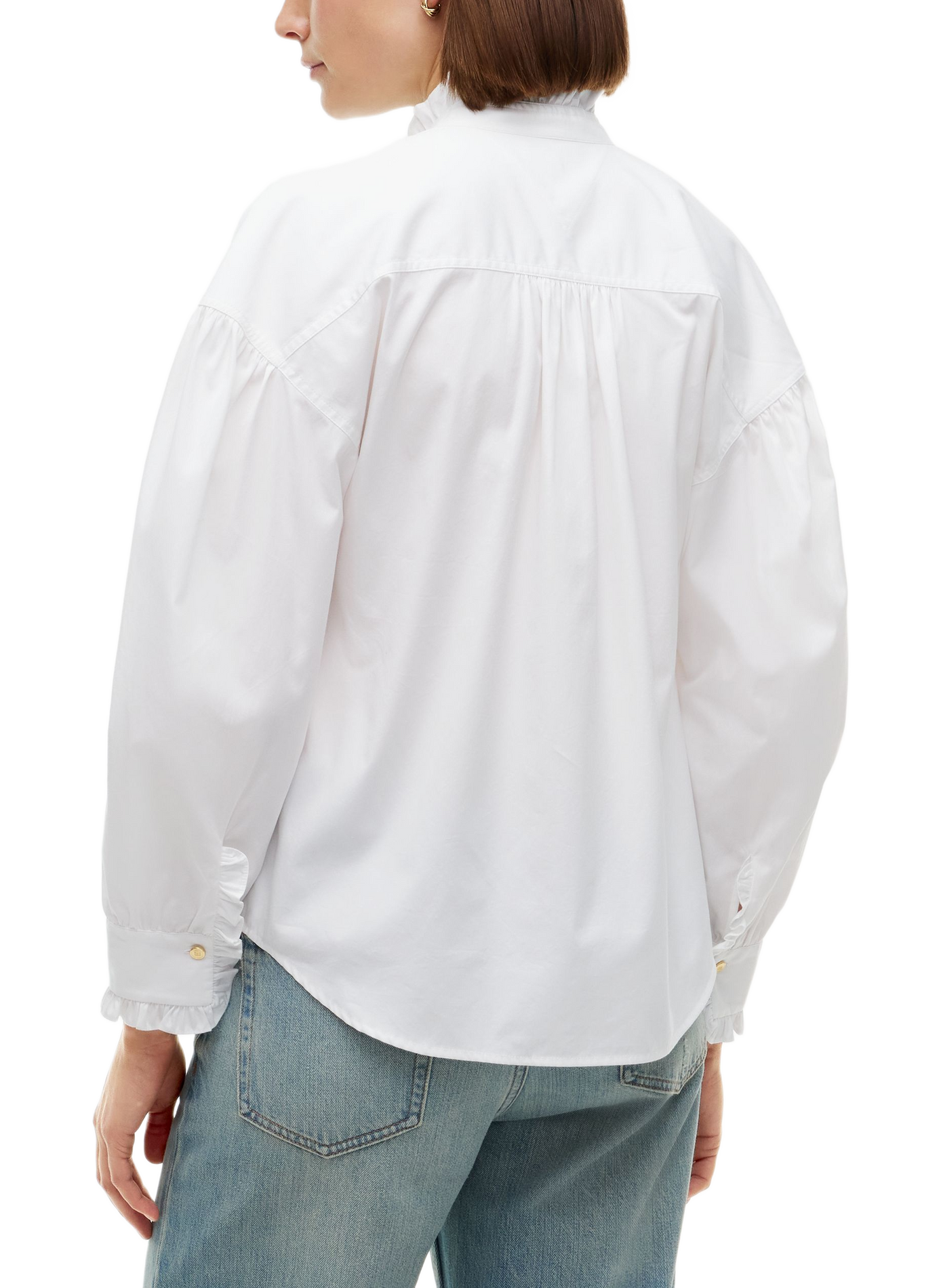 Blouse droite col v à volants en coton TOMMY HILFIGER Blanc