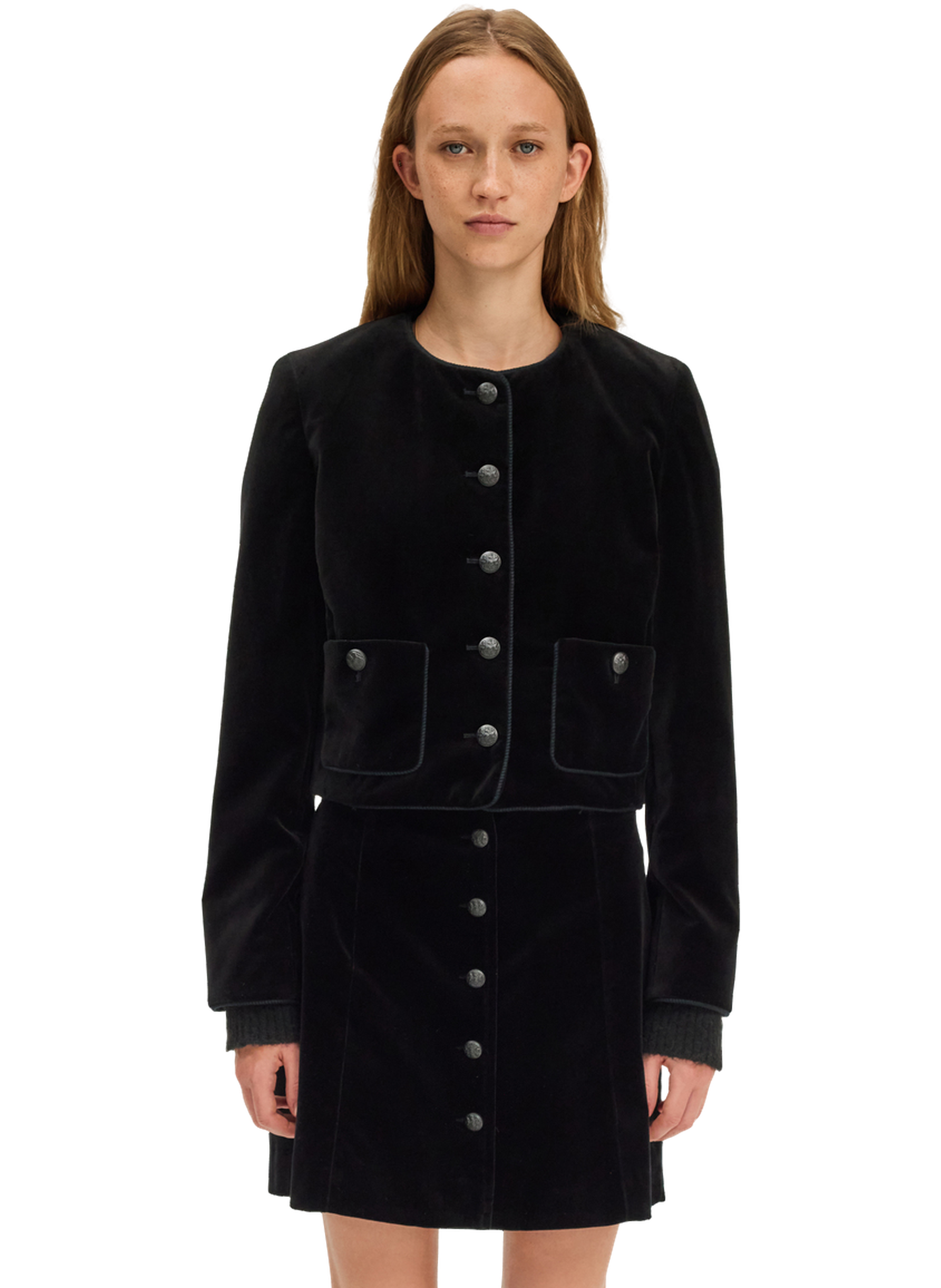 Veste courte sans col en velours  - noa PABLO Noir