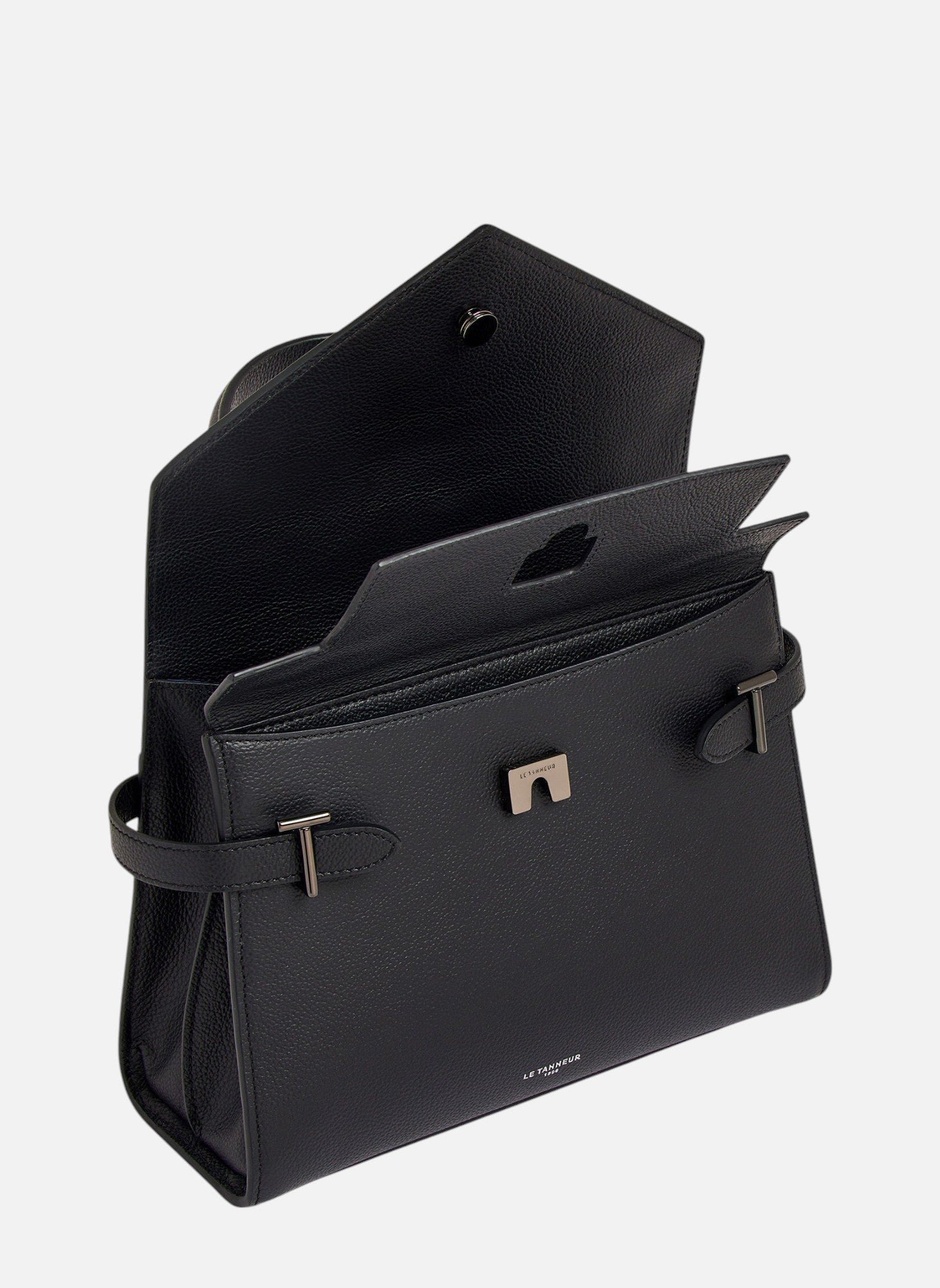 Sac à main double rabat moyen modèle Emilie en cuir grainé LE TANNEUR Noir
