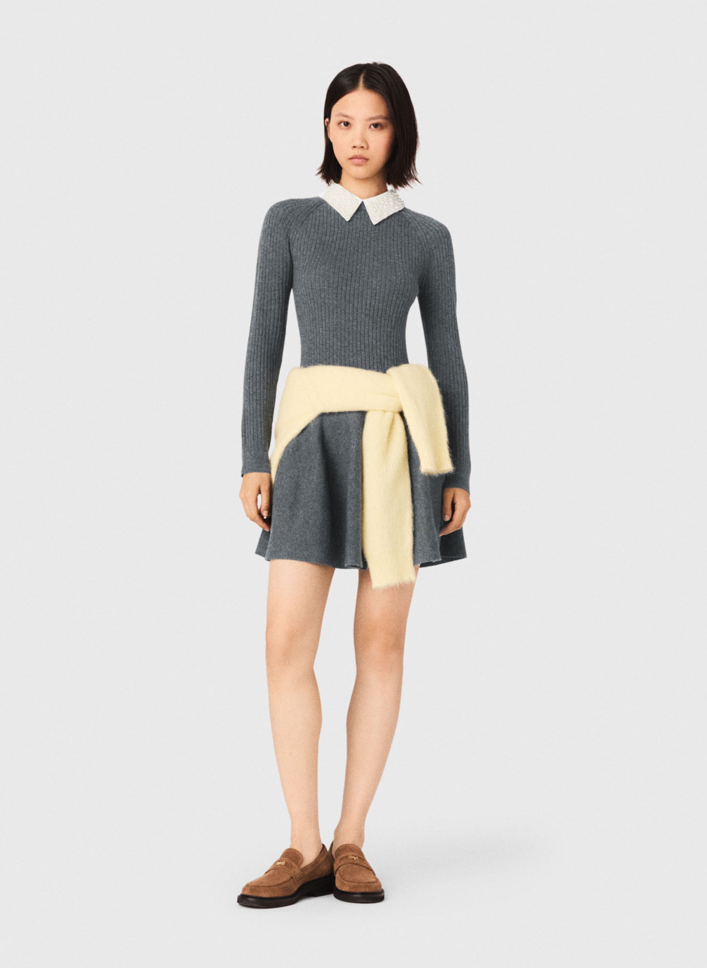 Robe courte col classique en maille côtelée MAJE Gris