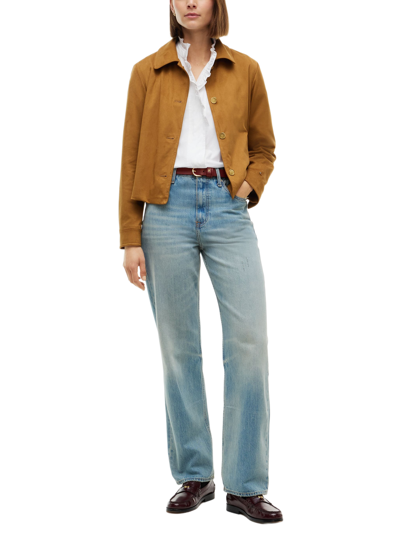 Blouse droite col v à volants en coton TOMMY HILFIGER Blanc