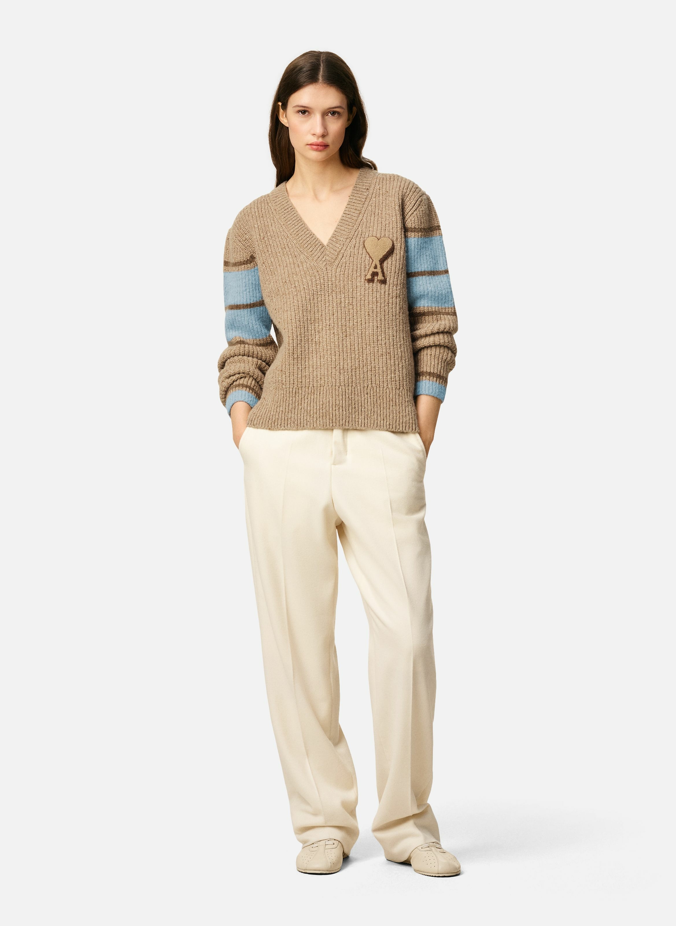 Pull college en laine côtelée unisexe AMI PARIS Marron