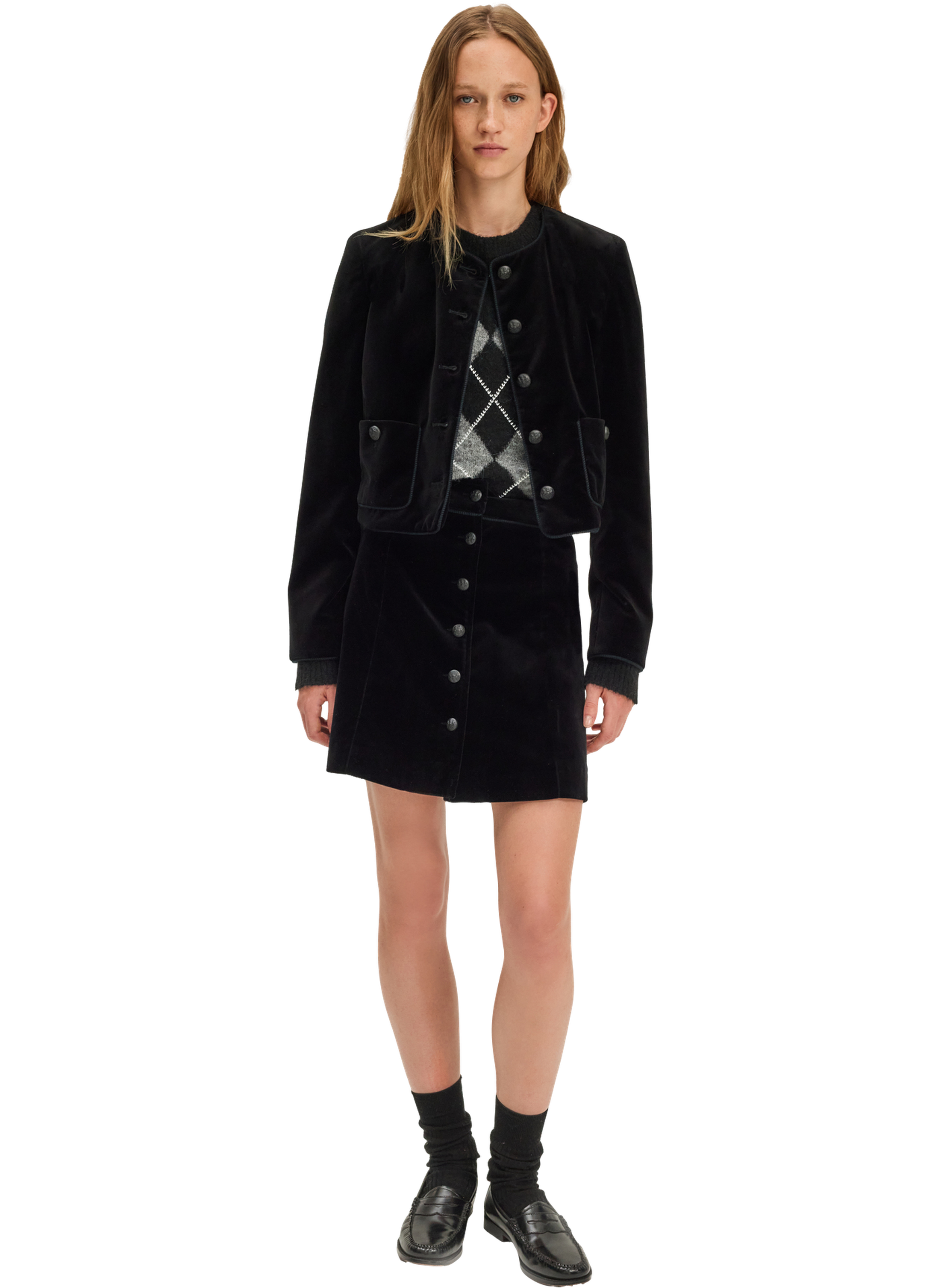 Veste courte sans col en velours  - noa PABLO Noir