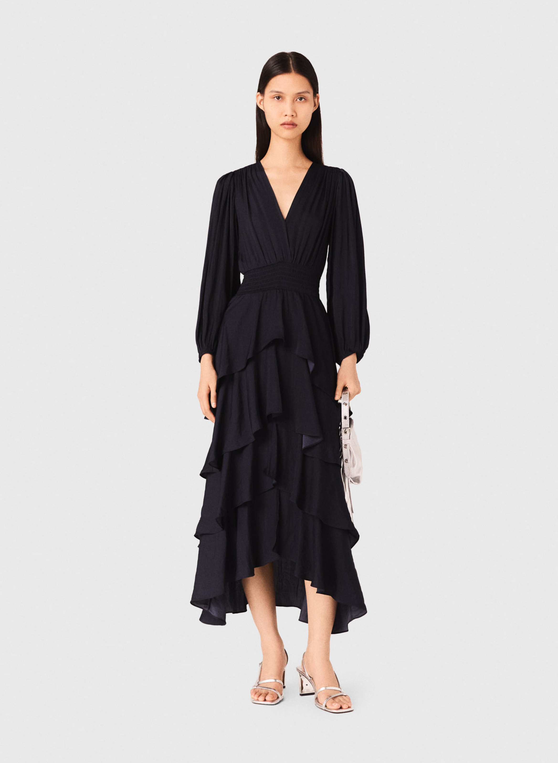 Robe longue col v à volants MAJE Bleu