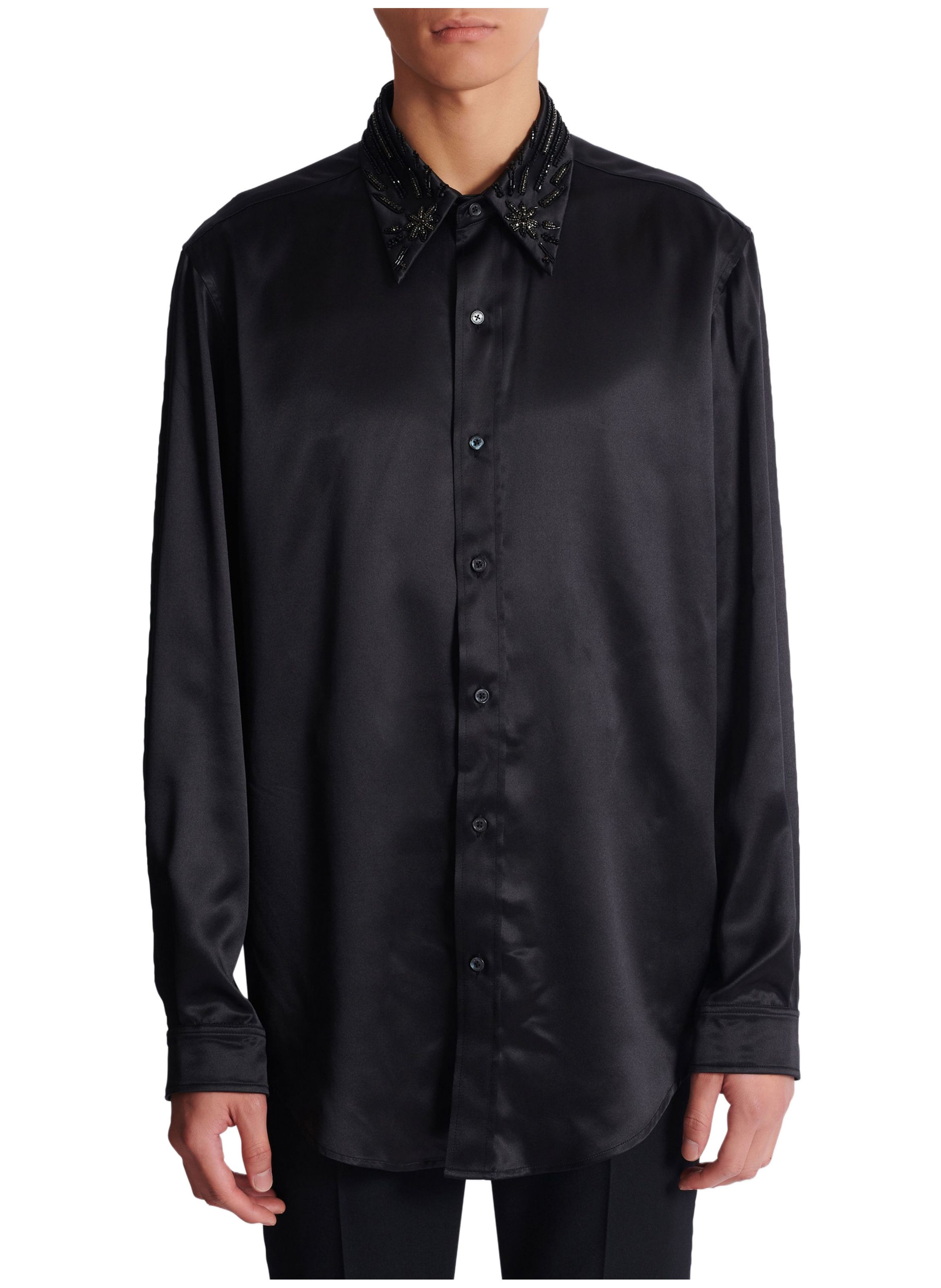 Chemise en soie à cristaux BALMAIN Noir