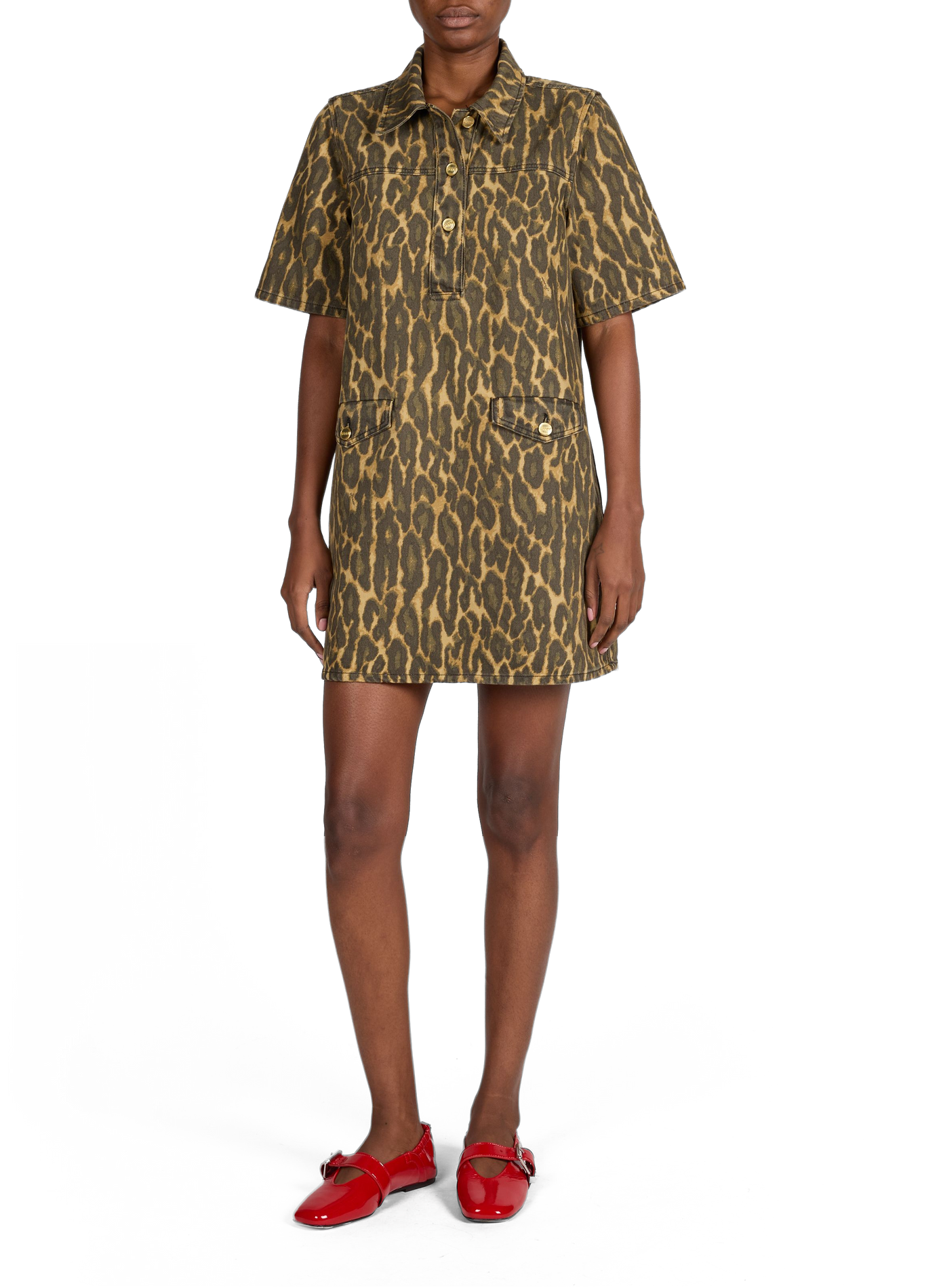 Short printed shirt dress in cotton GANNI Khaki