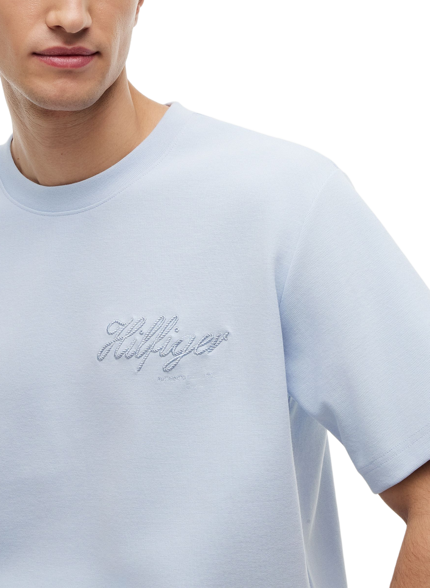 T-shirt uni à logo brodé en coton mélangé TOMMY HILFIGER Bleu