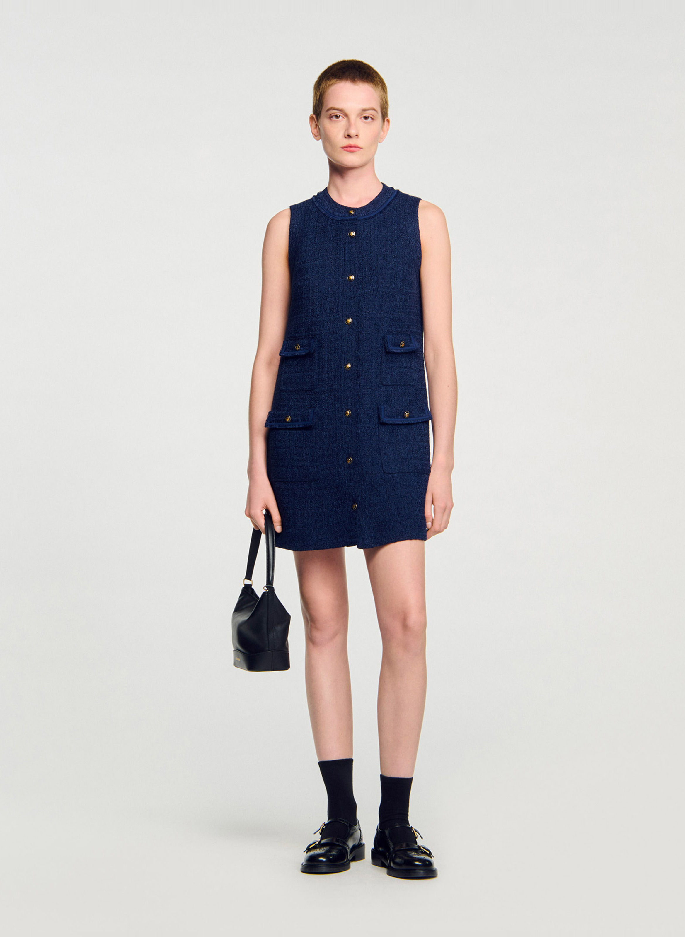 Robe courte trapèze en tweed SANDRO Bleu