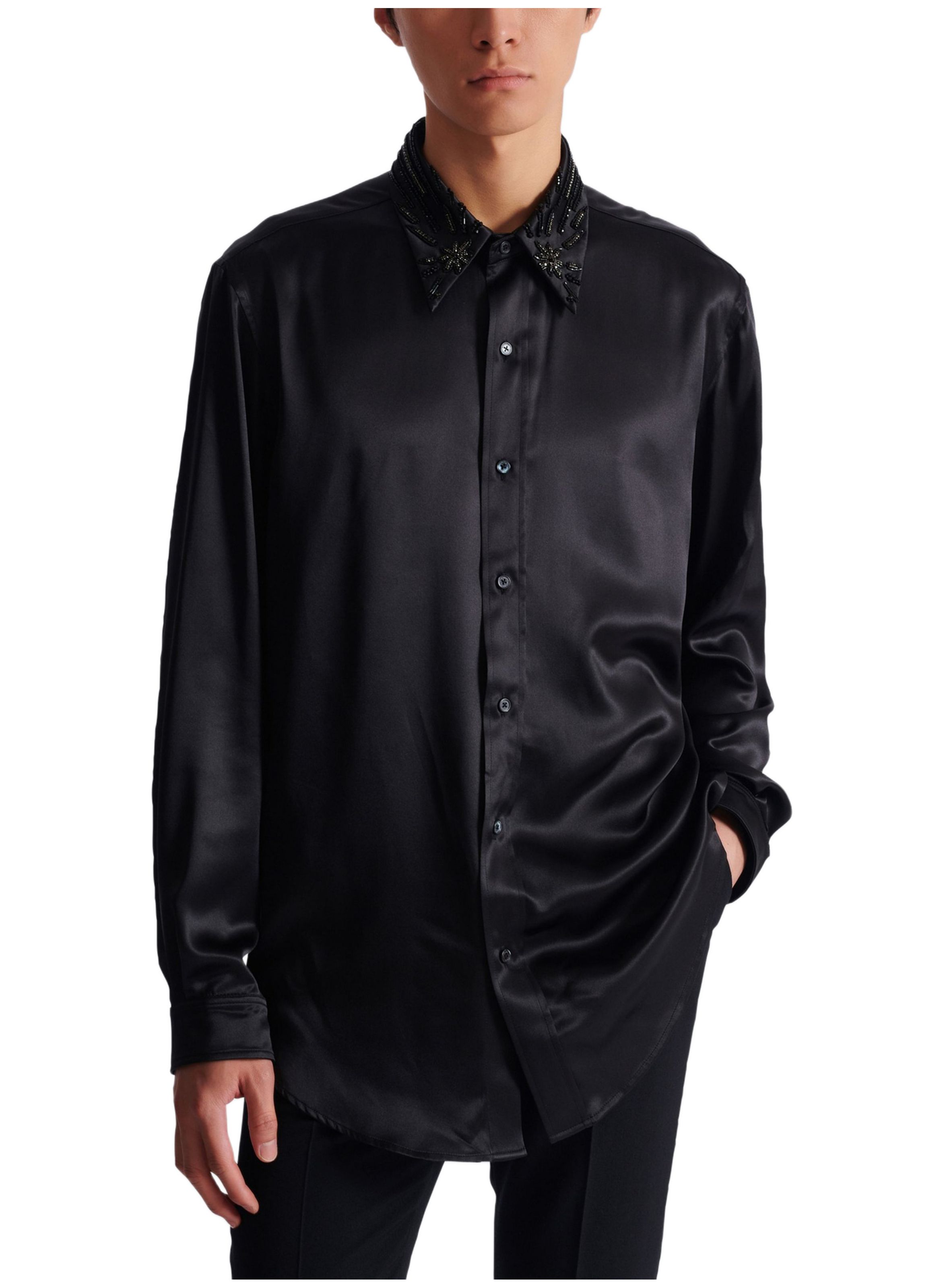 Chemise en soie à cristaux BALMAIN Noir