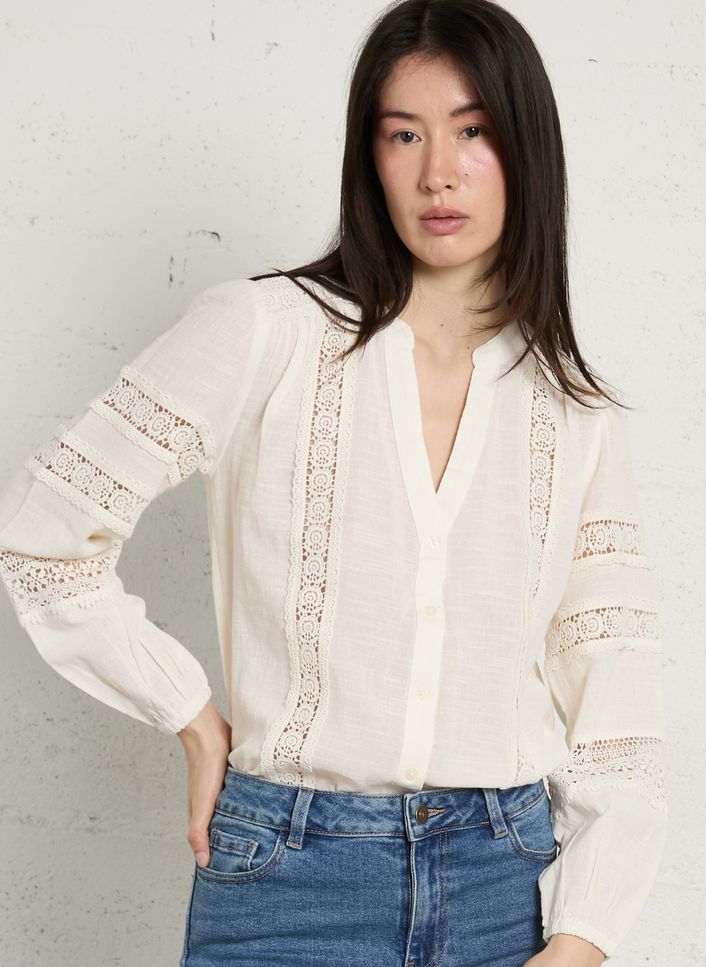 Blouse col v en coton denia MAISON 123 Beige