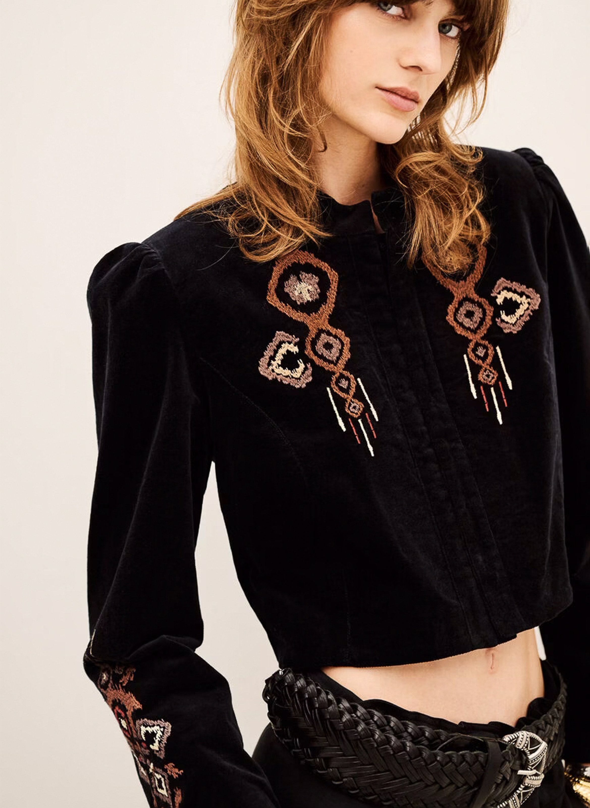 Veste courte col officier brodée en coton mélangé baya BA&SH Zwart
