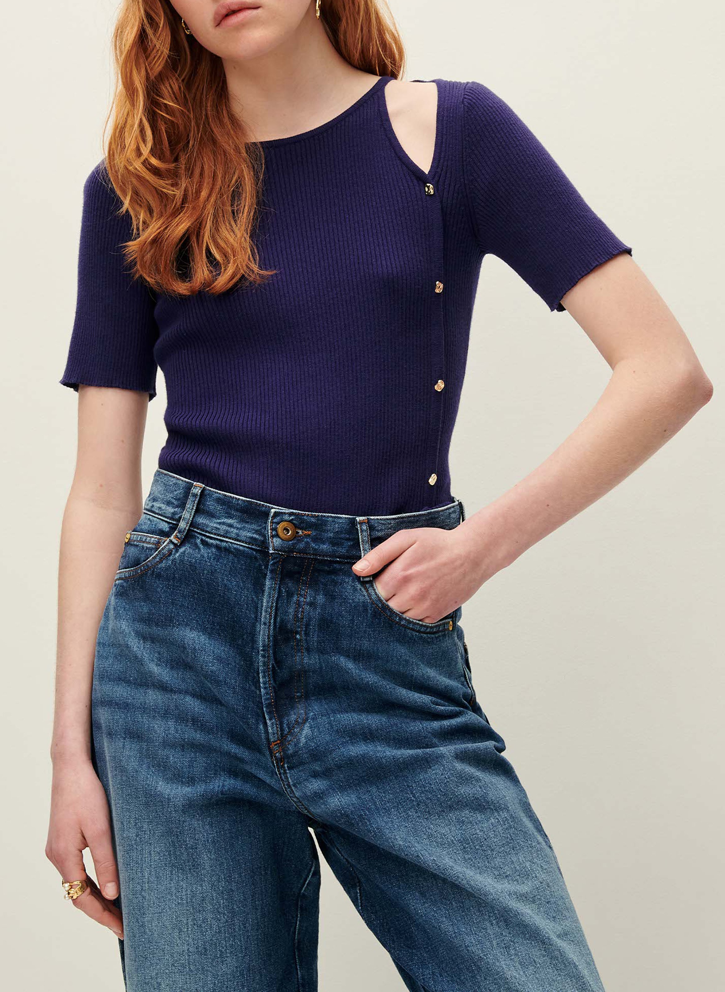 Pull moulant col rond en coton claro SESSUN Bleu