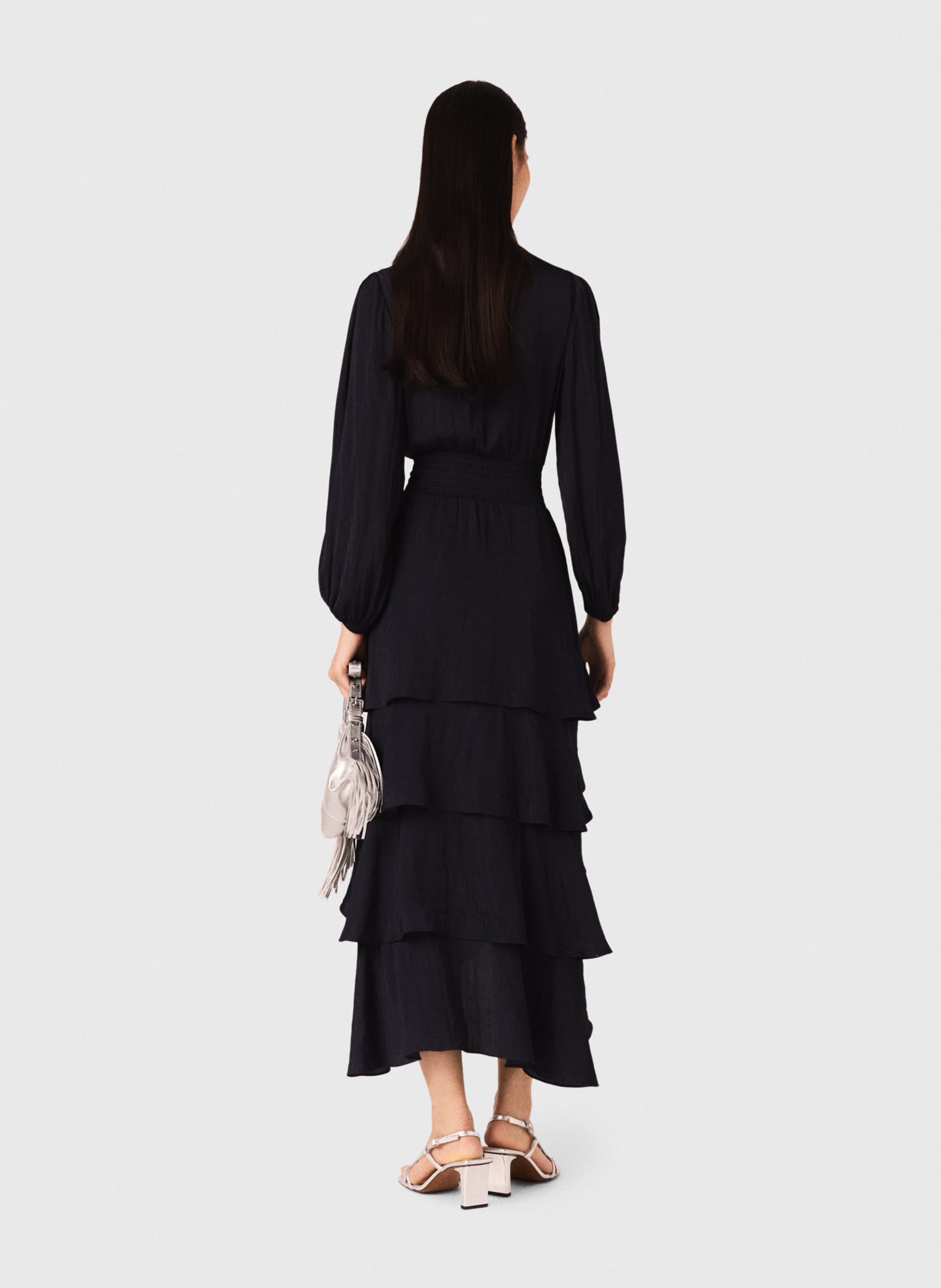 Robe longue col v à volants MAJE Bleu